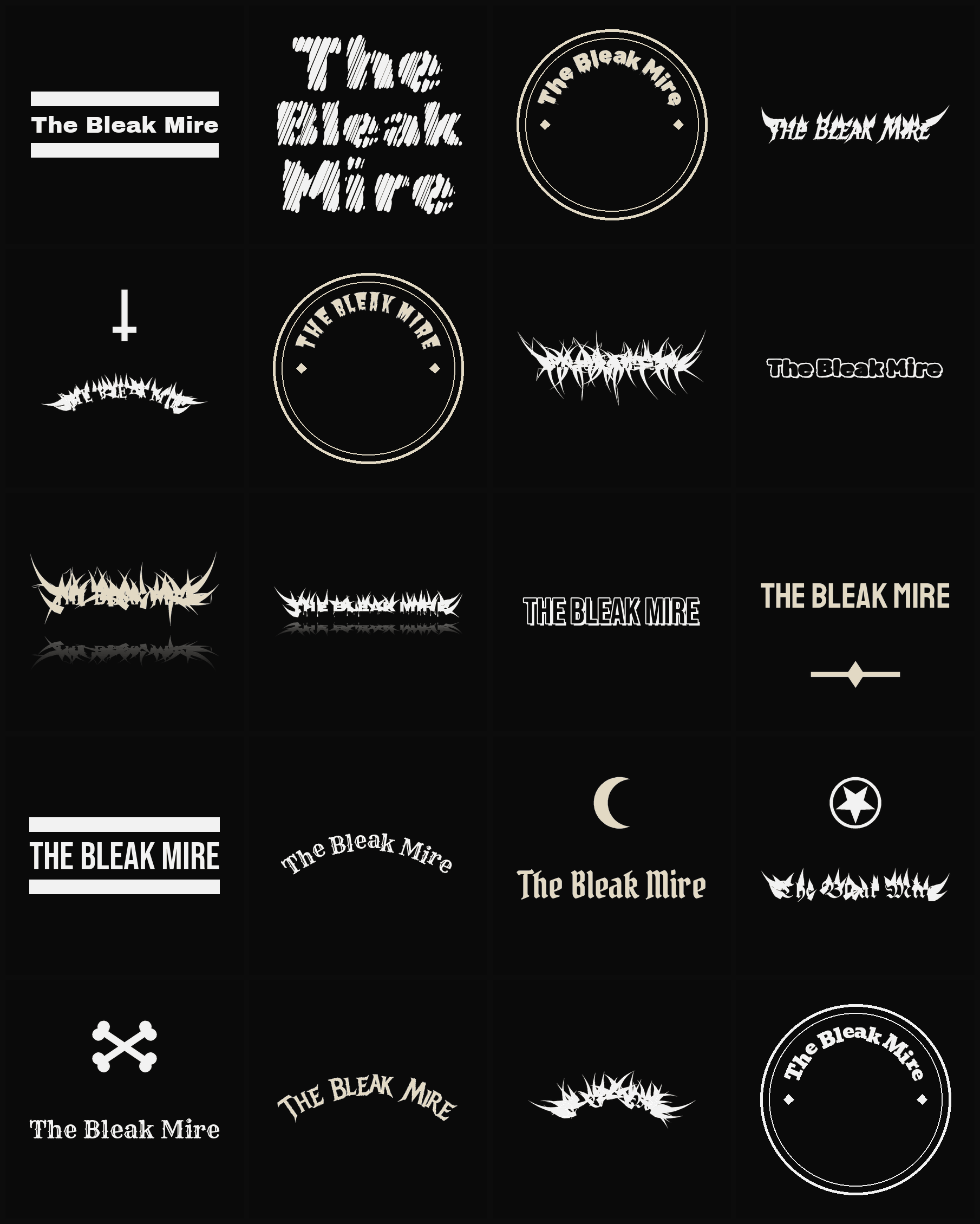 Twenty The Bleak Mire band logo ideas — different faces, treatments and spike settings