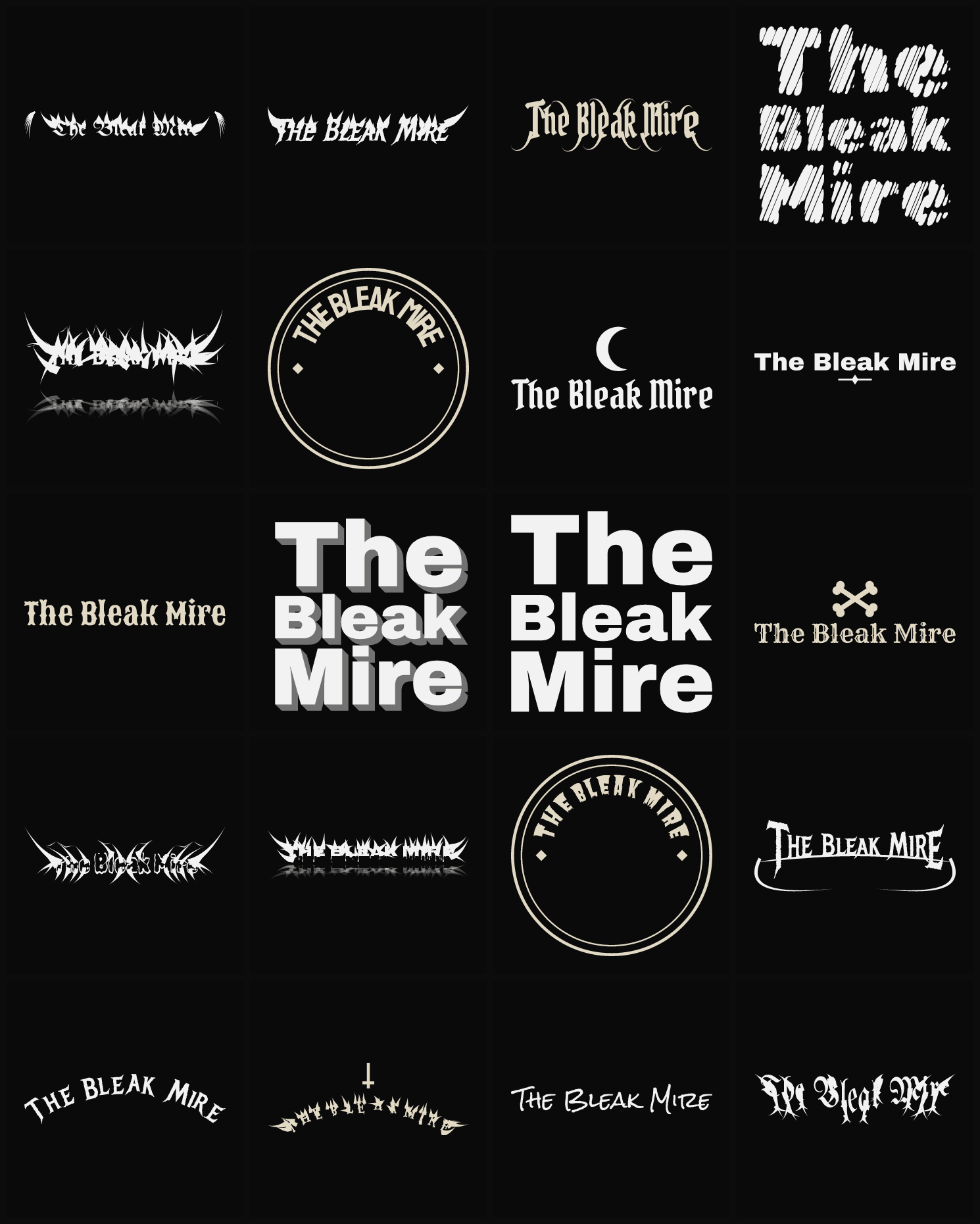 Twenty The Bleak Mire band logo ideas — different faces, treatments and spike settings
