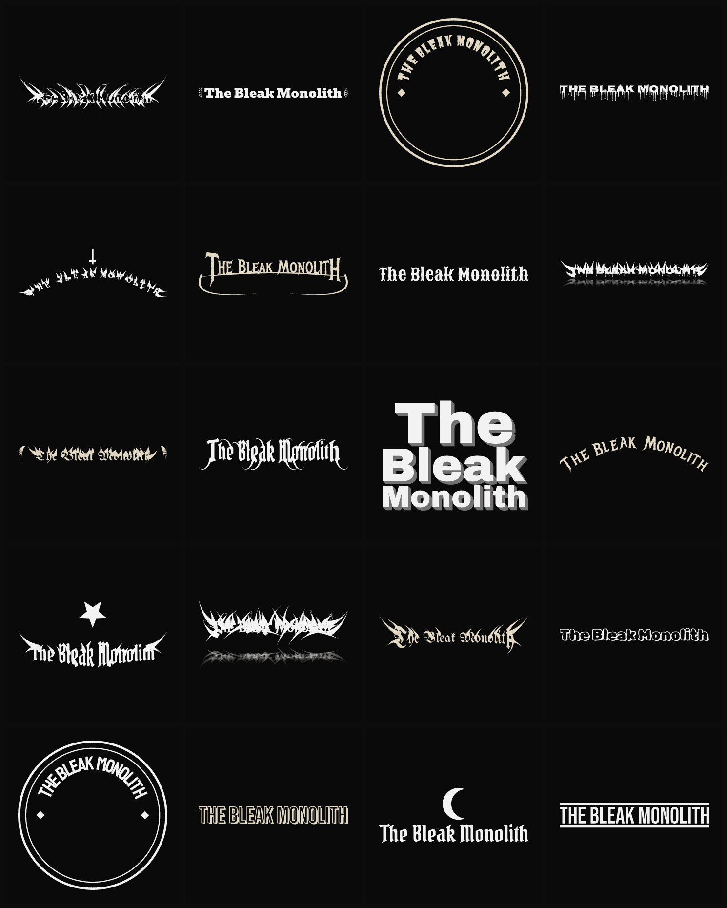 Twenty The Bleak Monolith band logo ideas — different faces, treatments and spike settings
