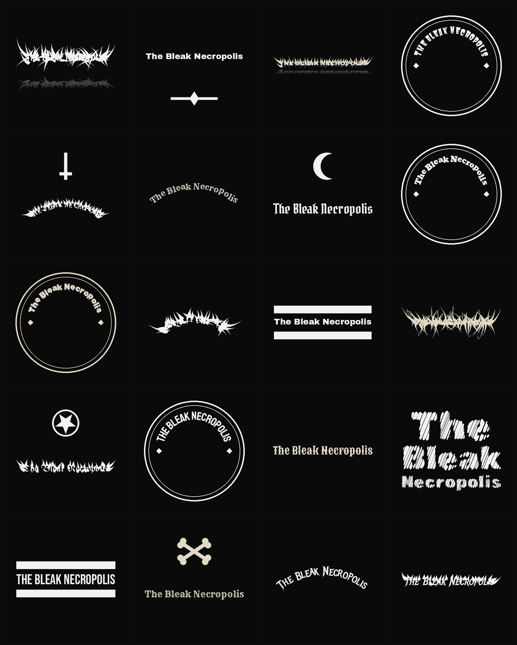 Twenty The Bleak Necropolis band logo ideas — different faces, treatments and spike settings