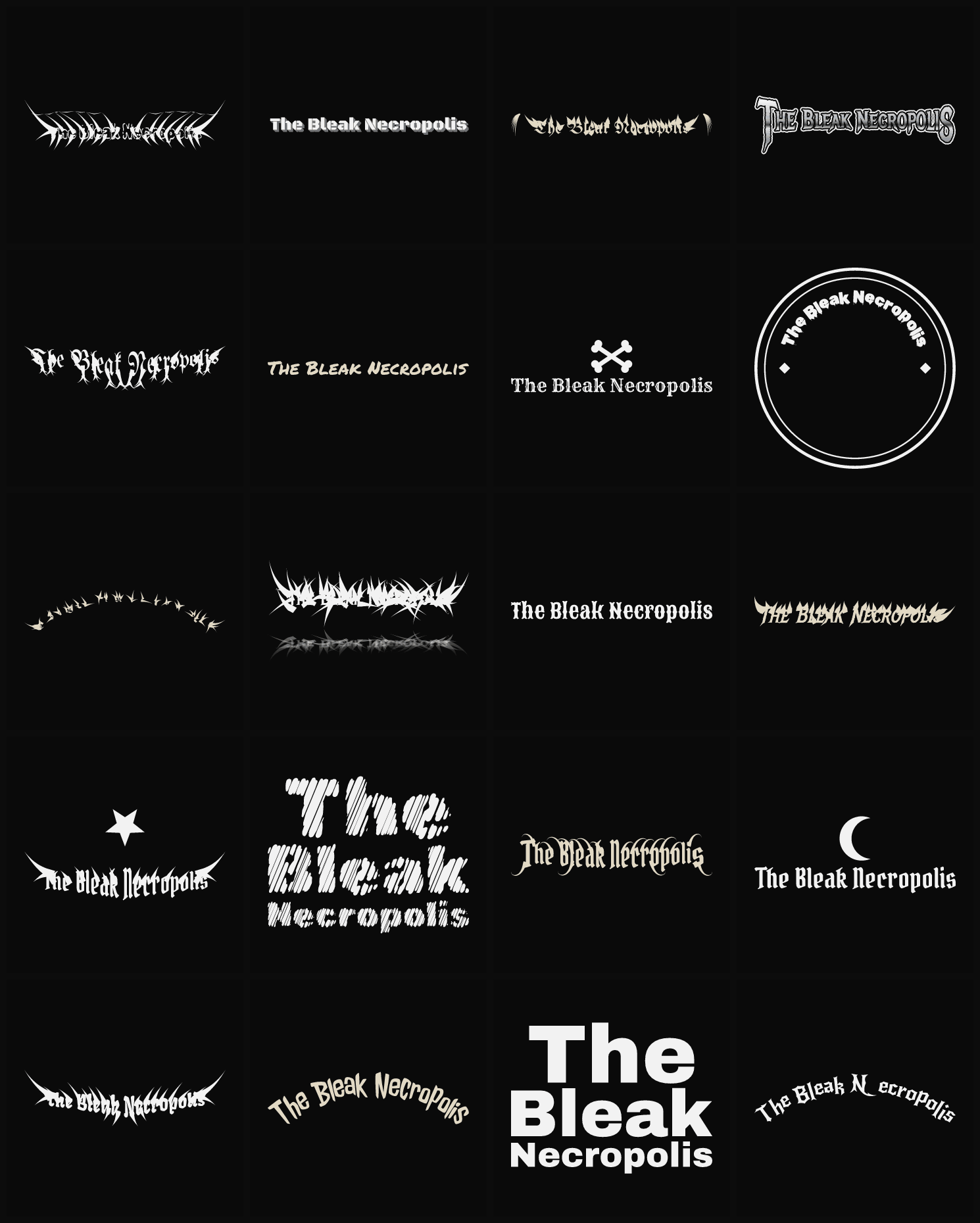 Twenty The Bleak Necropolis band logo ideas — different faces, treatments and spike settings