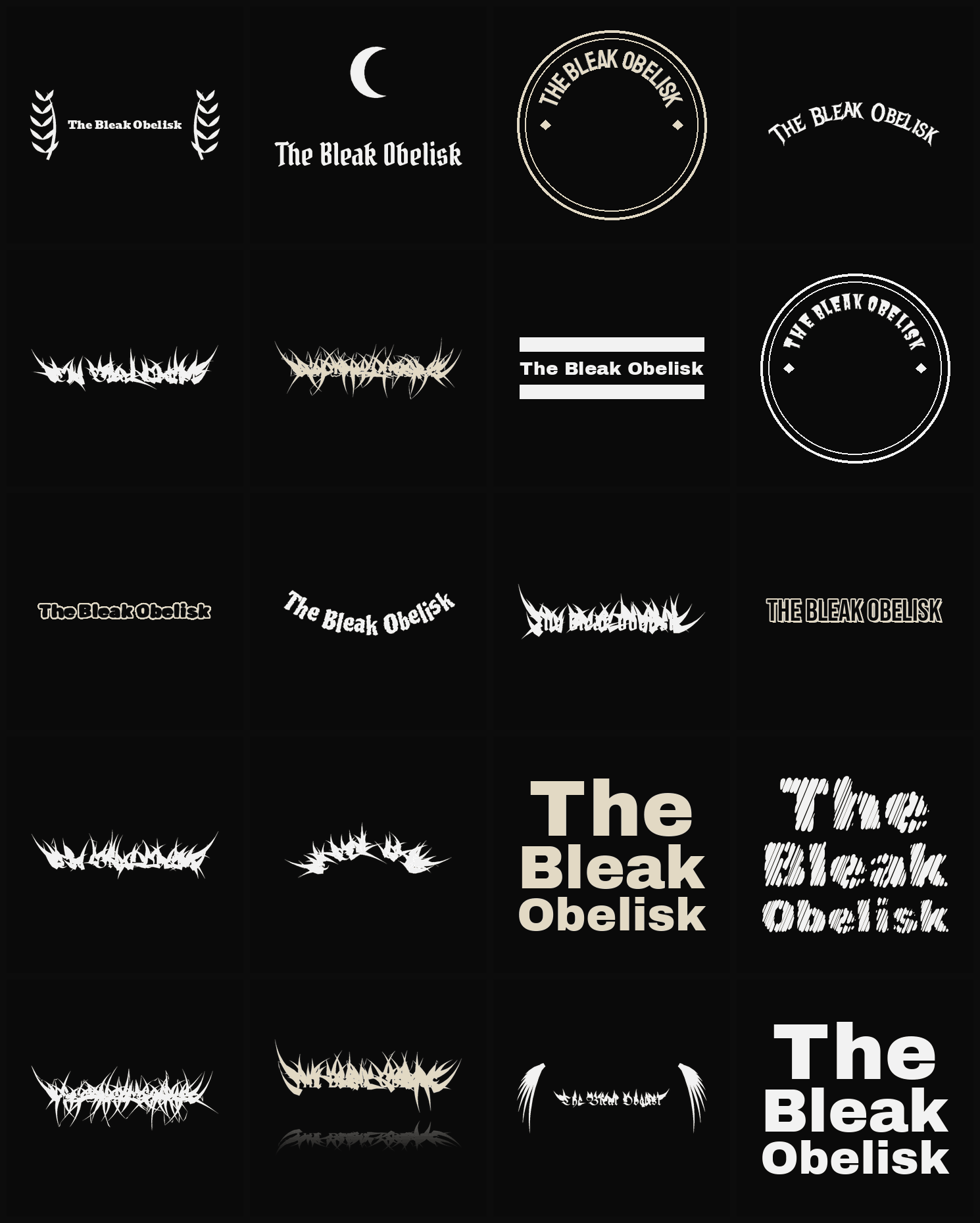 Twenty The Bleak Obelisk band logo ideas — different faces, treatments and spike settings