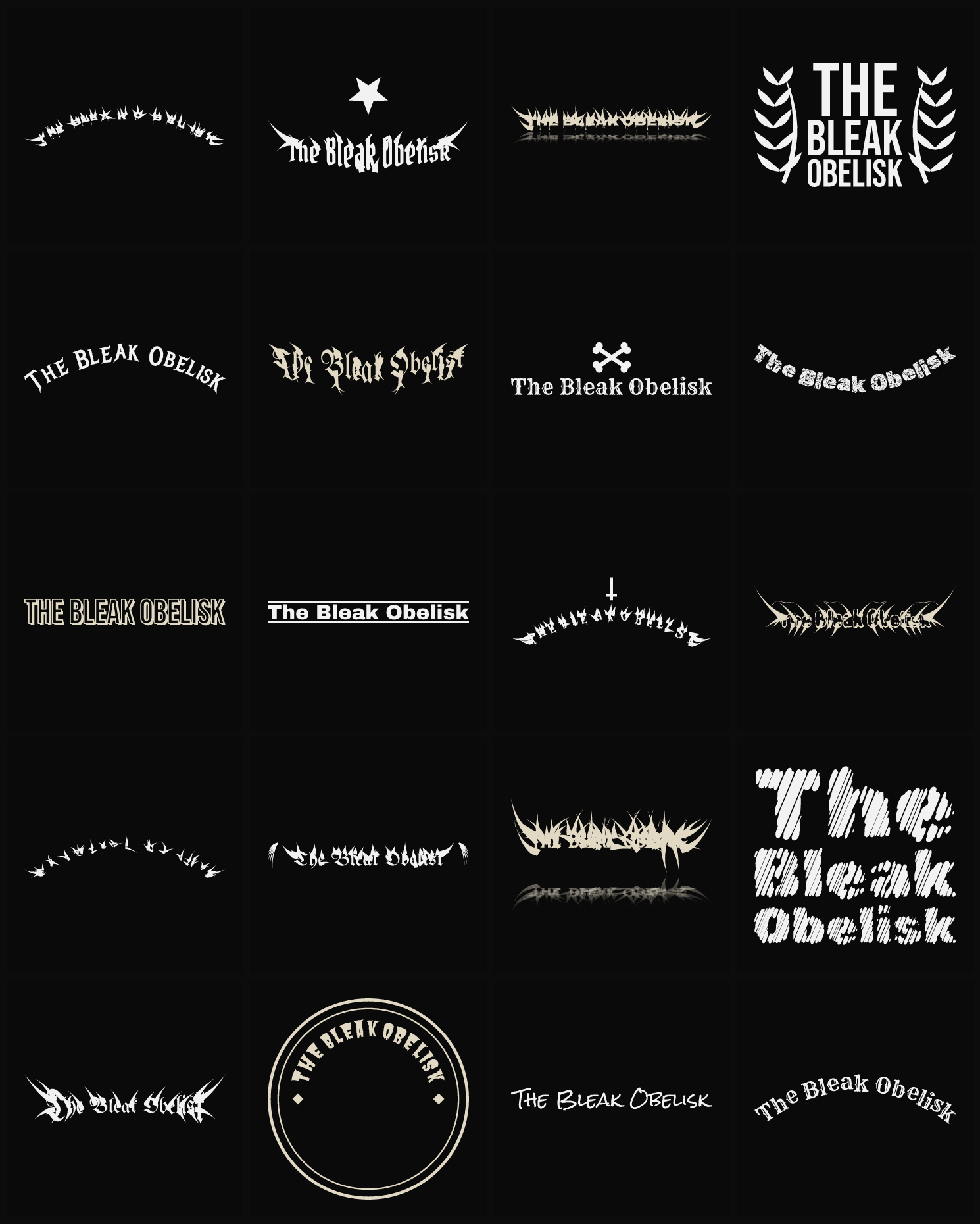 Twenty The Bleak Obelisk band logo ideas — different faces, treatments and spike settings