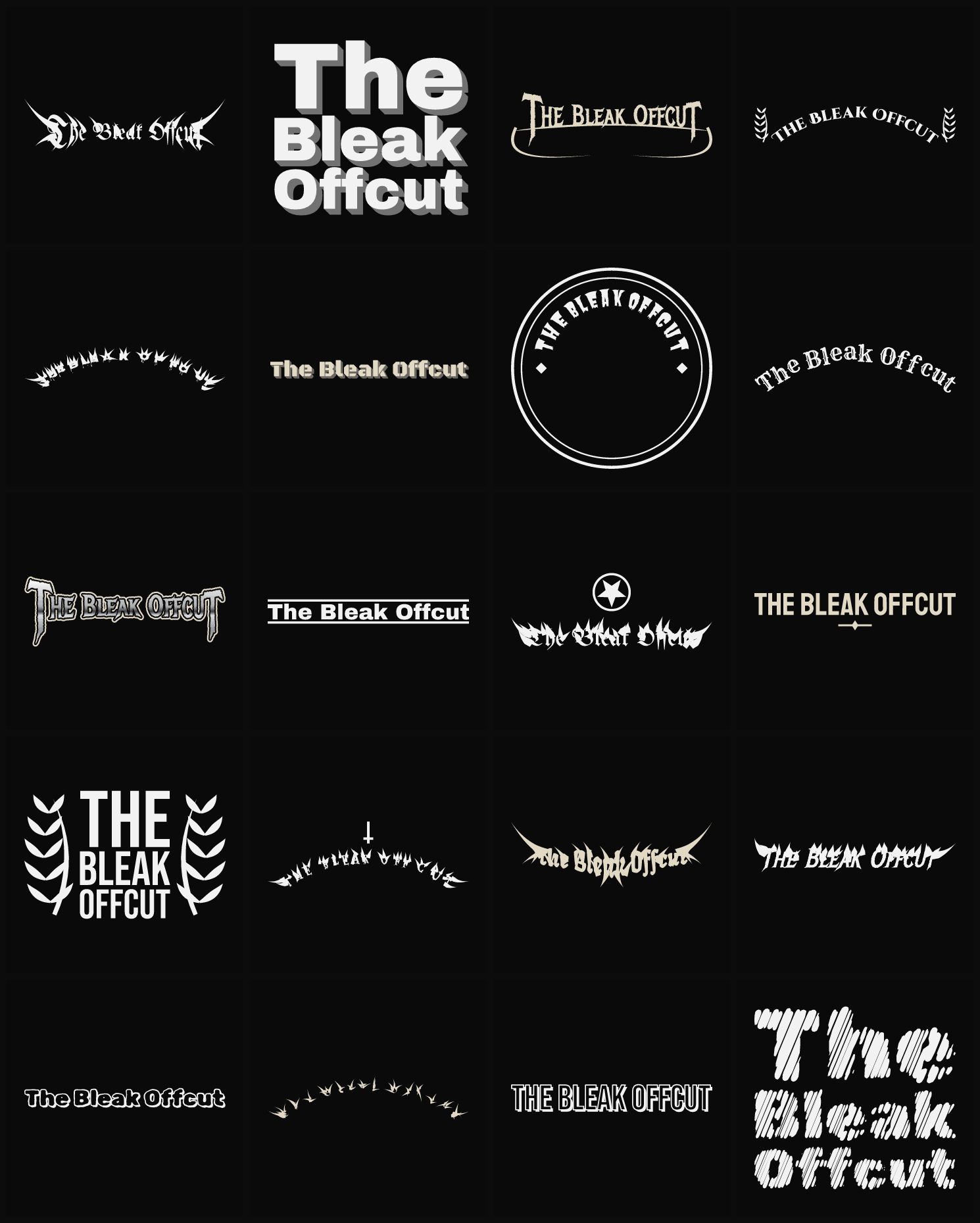 Twenty The Bleak Offcut band logo ideas — different faces, treatments and spike settings
