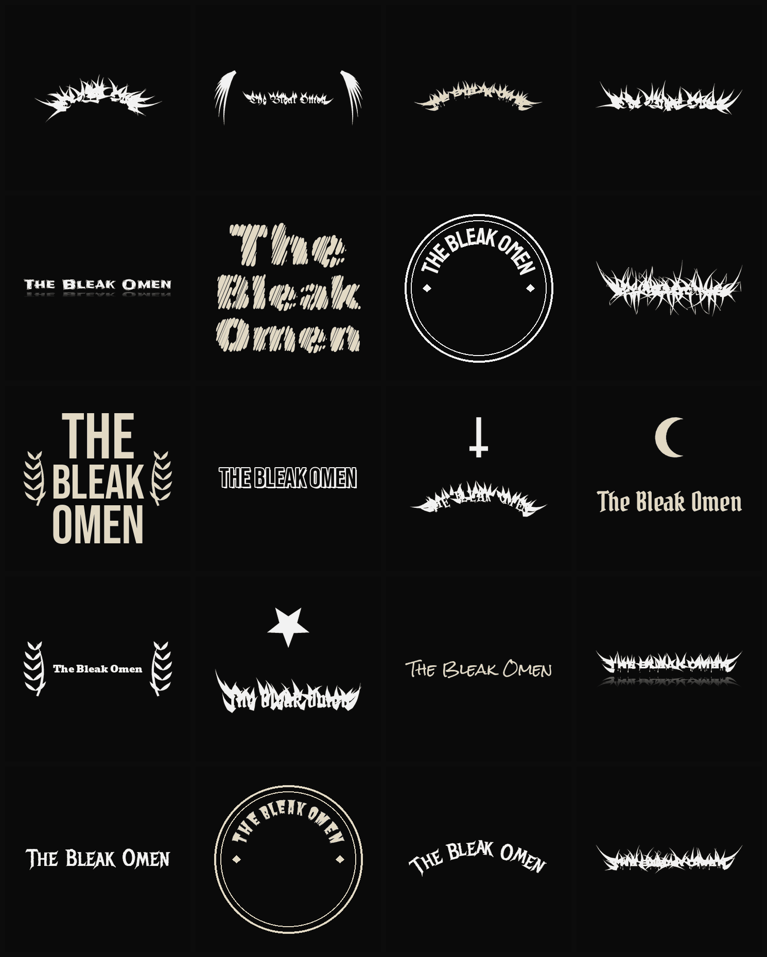 Twenty The Bleak Omen band logo ideas — different faces, treatments and spike settings