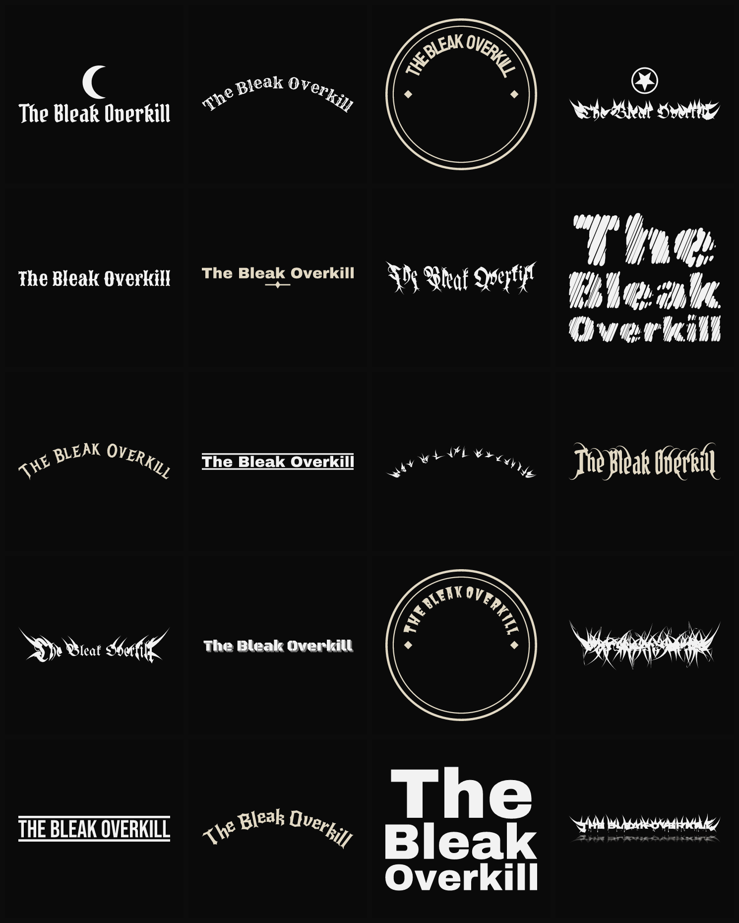 Twenty The Bleak Overkill band logo ideas — different faces, treatments and spike settings