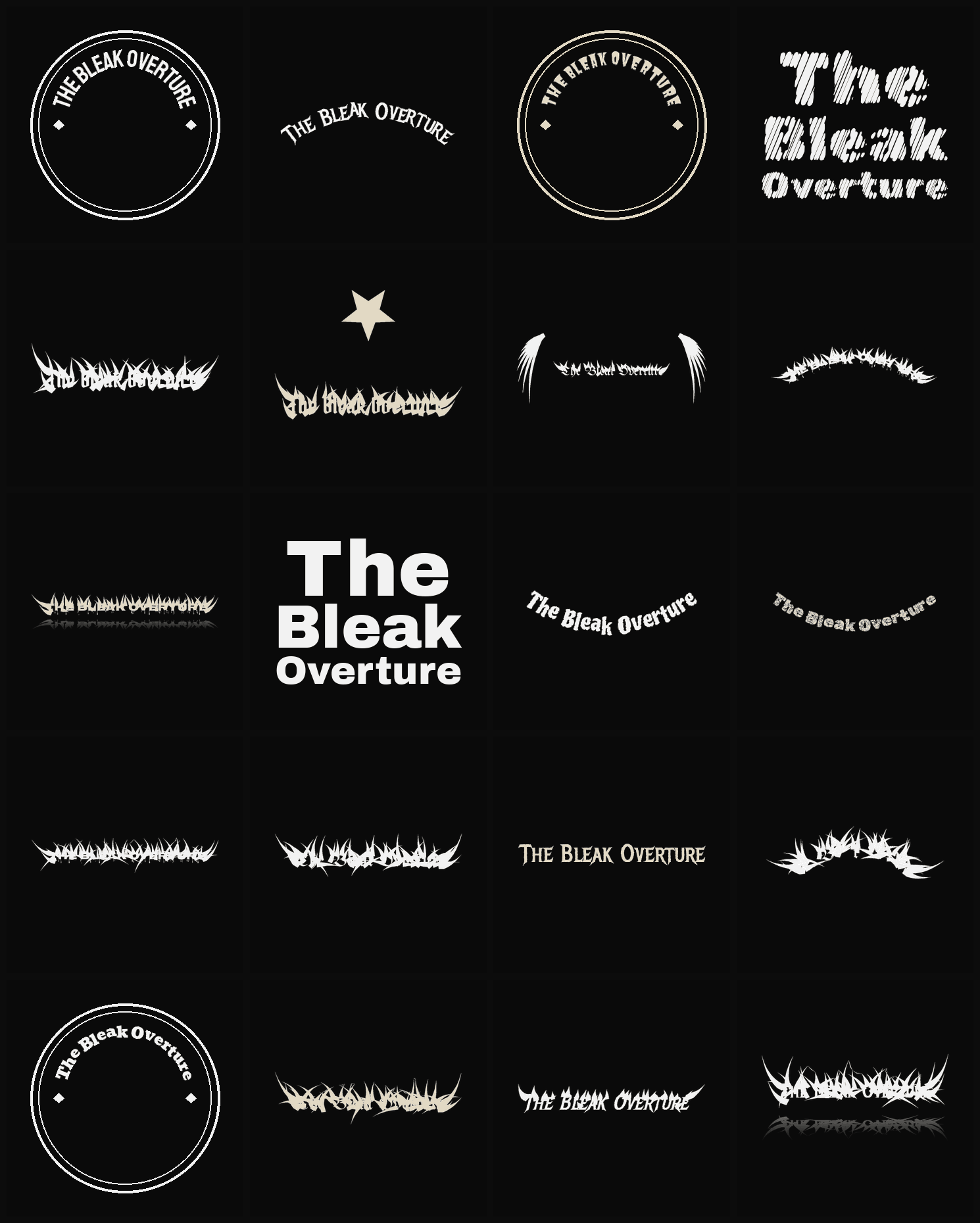 Twenty The Bleak Overture band logo ideas — different faces, treatments and spike settings