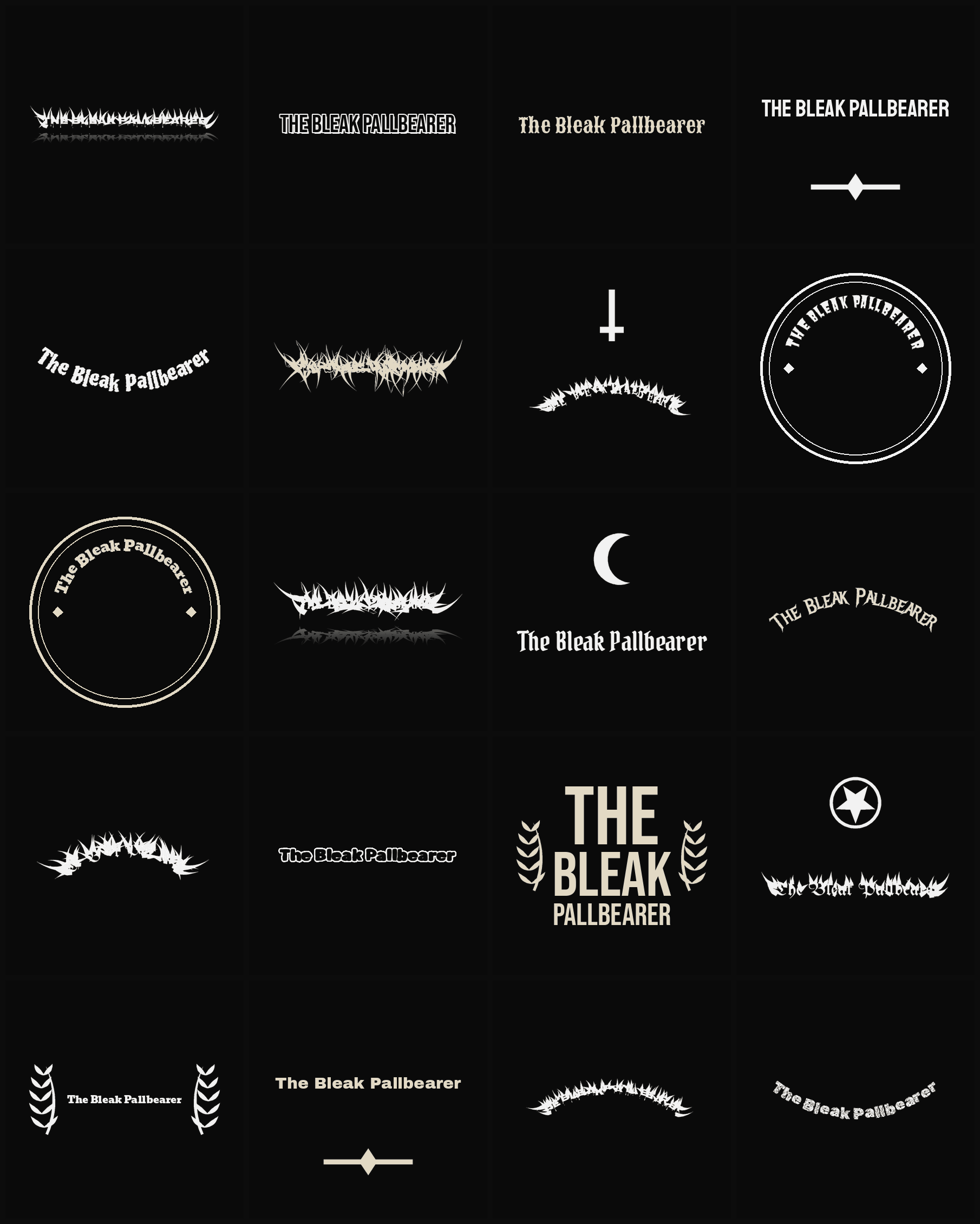 Twenty The Bleak Pallbearer band logo ideas — different faces, treatments and spike settings