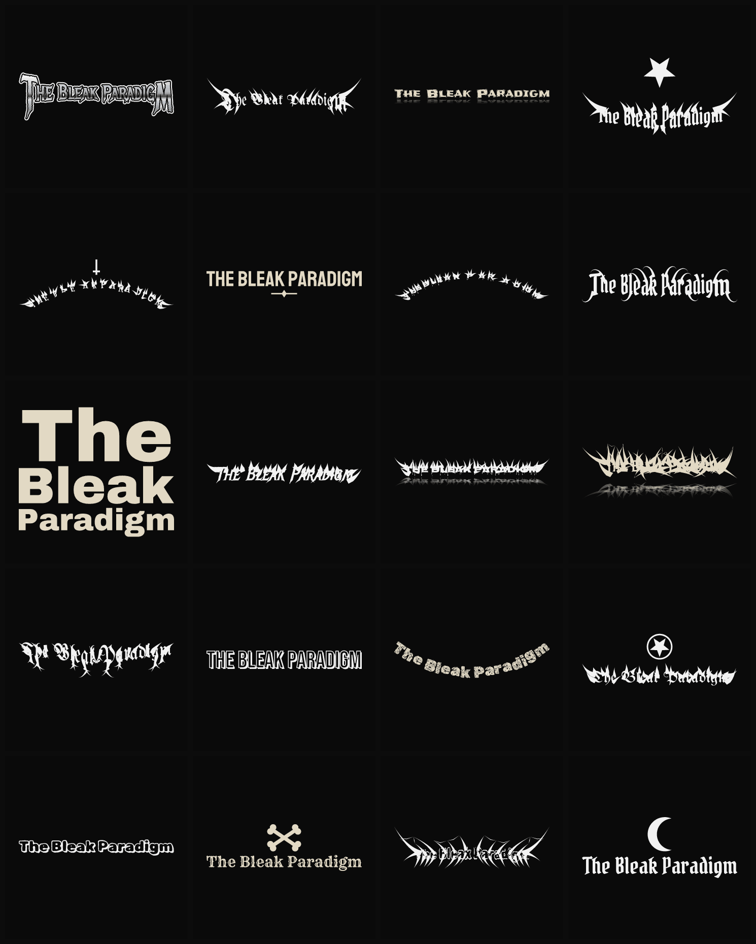 Twenty The Bleak Paradigm band logo ideas — different faces, treatments and spike settings