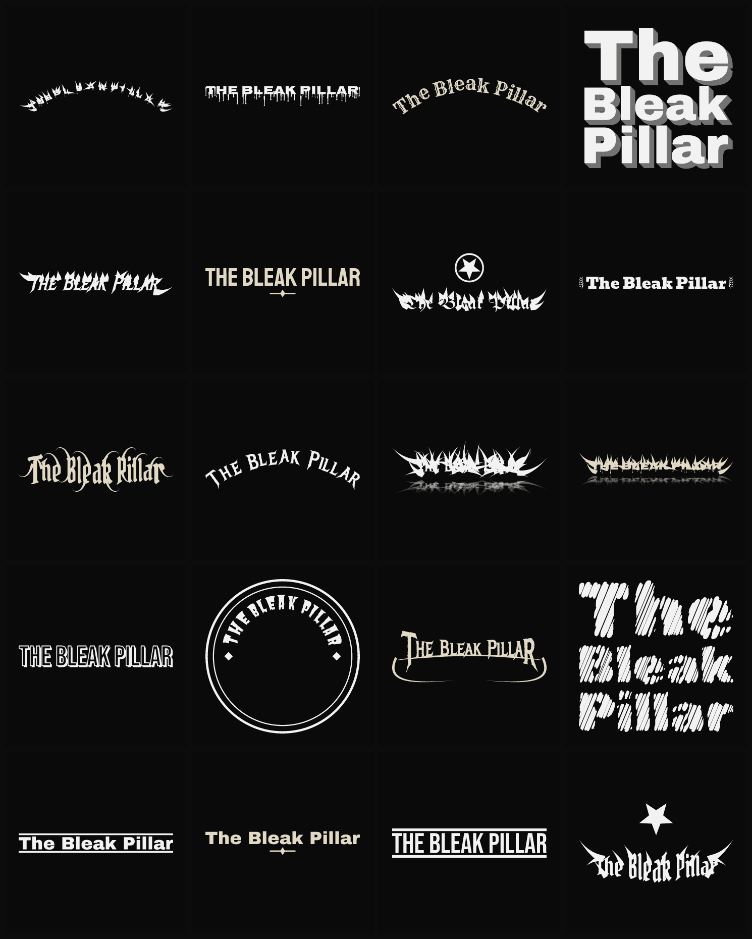 Twenty The Bleak Pillar band logo ideas — different faces, treatments and spike settings