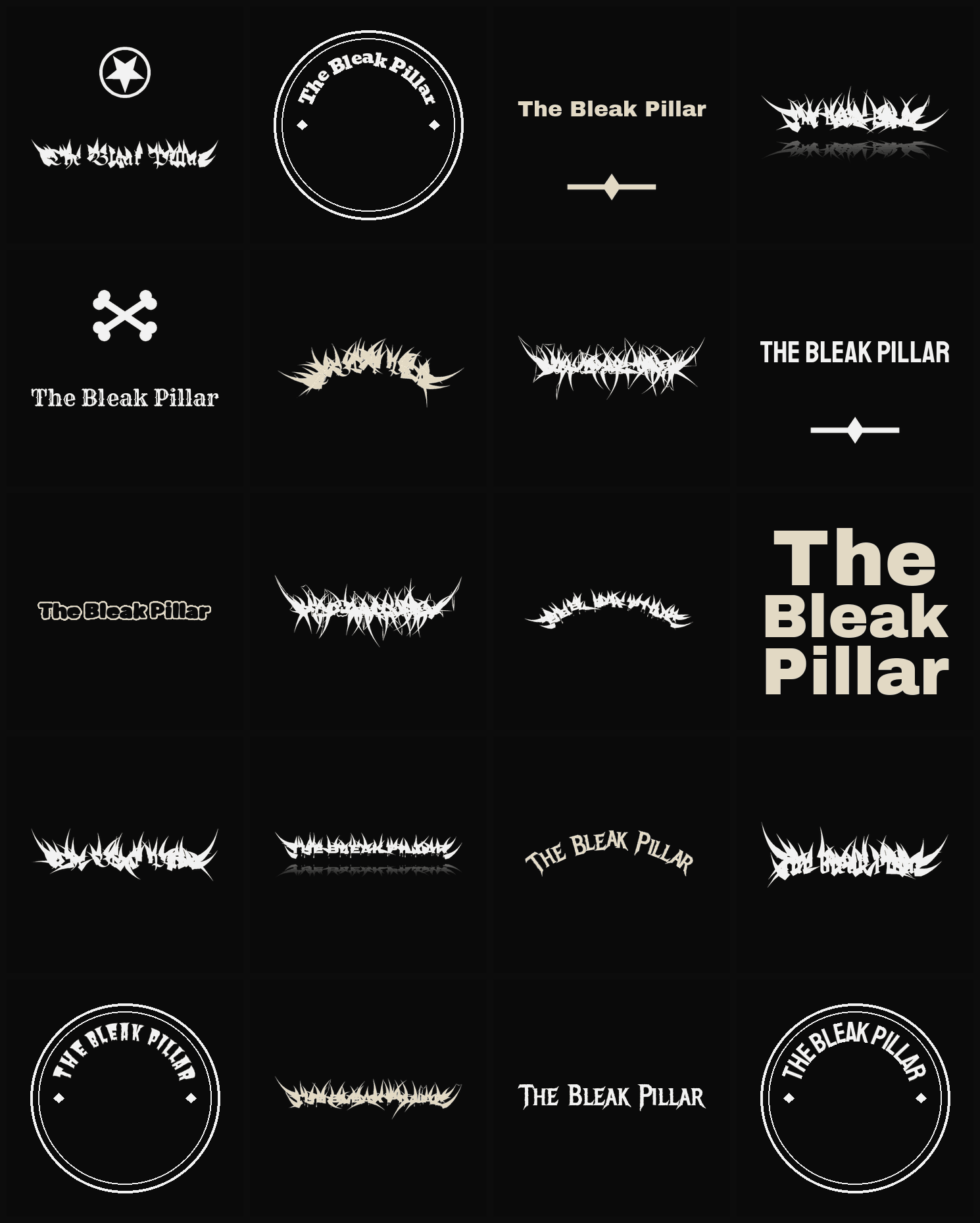 Twenty The Bleak Pillar band logo ideas — different faces, treatments and spike settings
