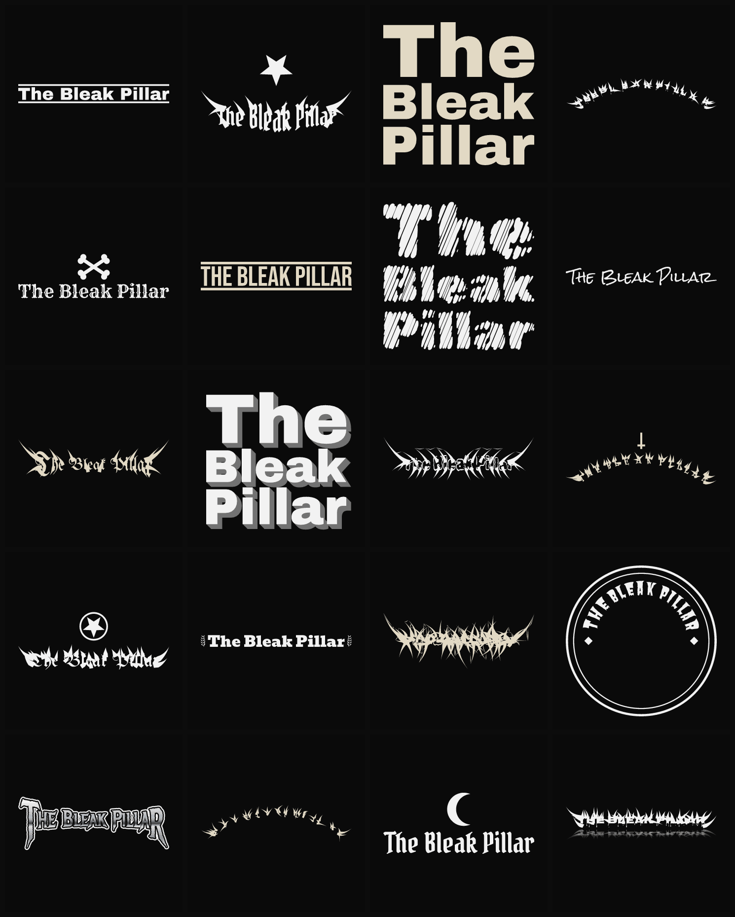 Twenty The Bleak Pillar band logo ideas — different faces, treatments and spike settings