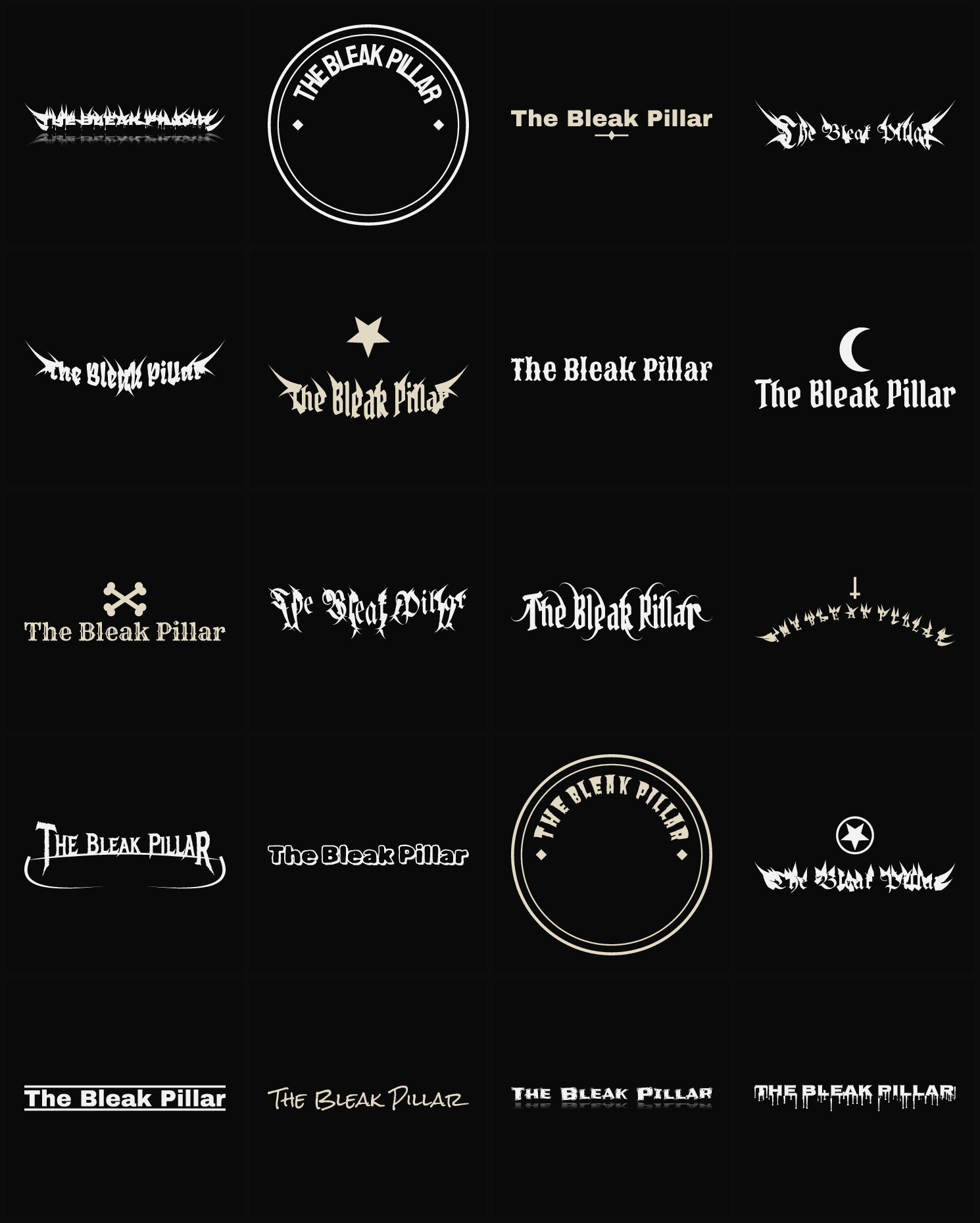 Twenty The Bleak Pillar band logo ideas — different faces, treatments and spike settings