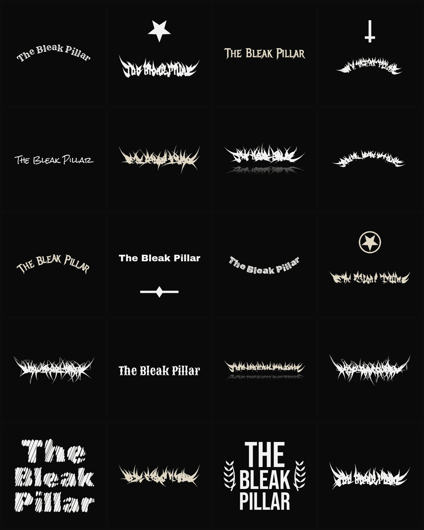 Twenty The Bleak Pillar band logo ideas — different faces, treatments and spike settings