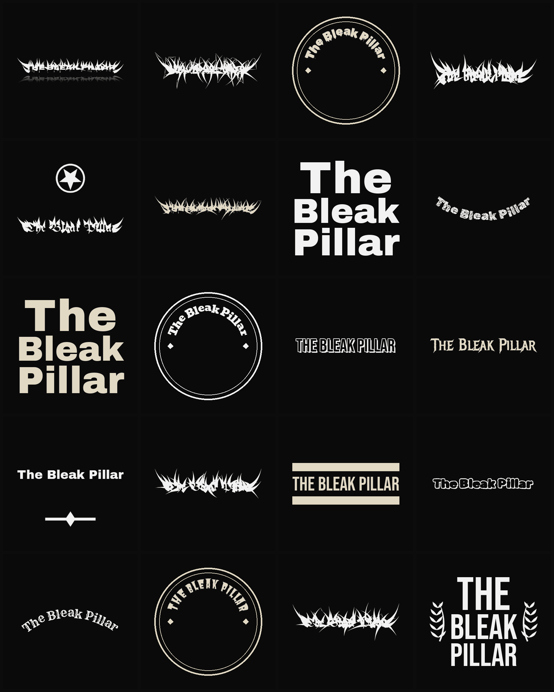 Twenty The Bleak Pillar band logo ideas — different faces, treatments and spike settings