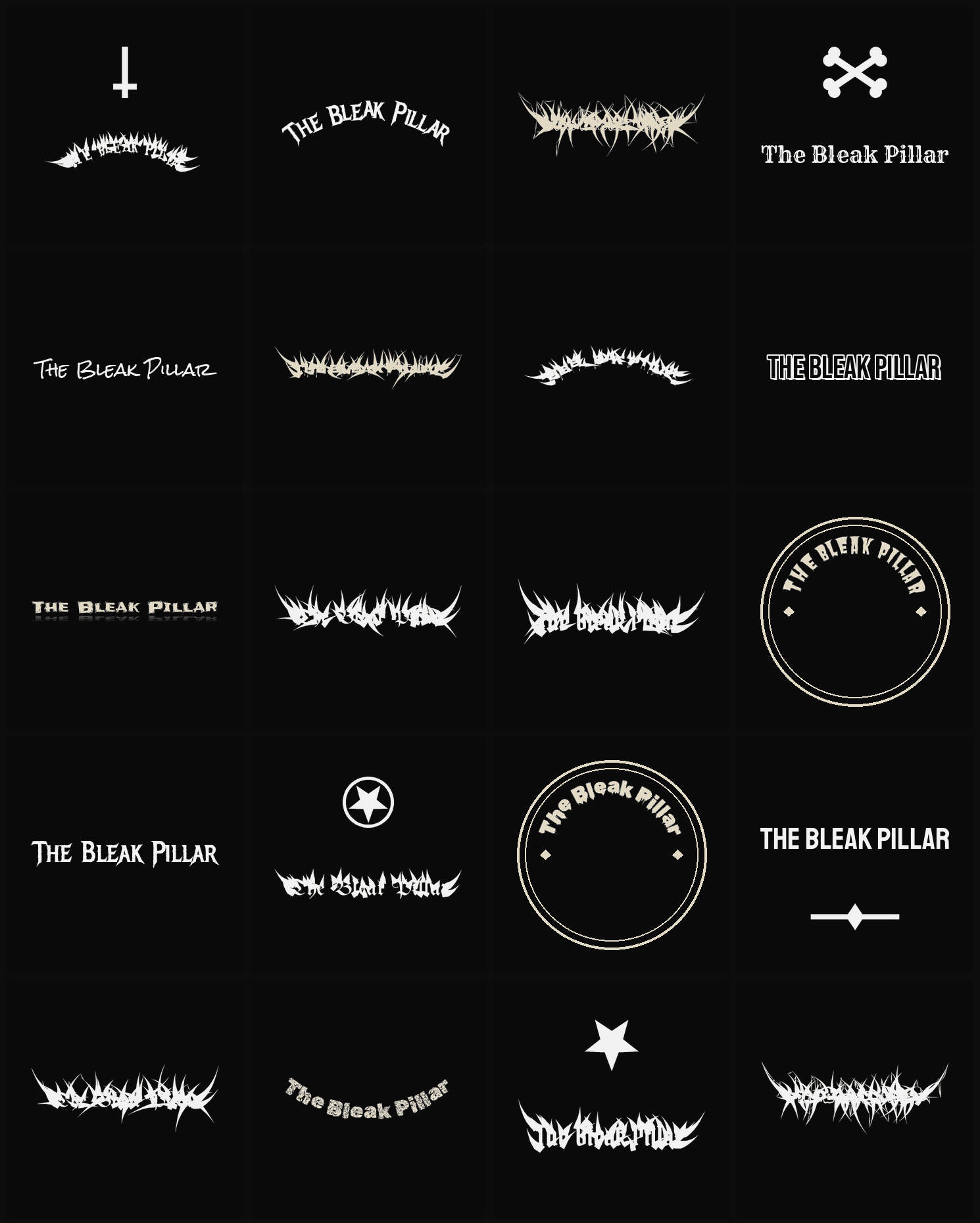 Twenty The Bleak Pillar band logo ideas — different faces, treatments and spike settings