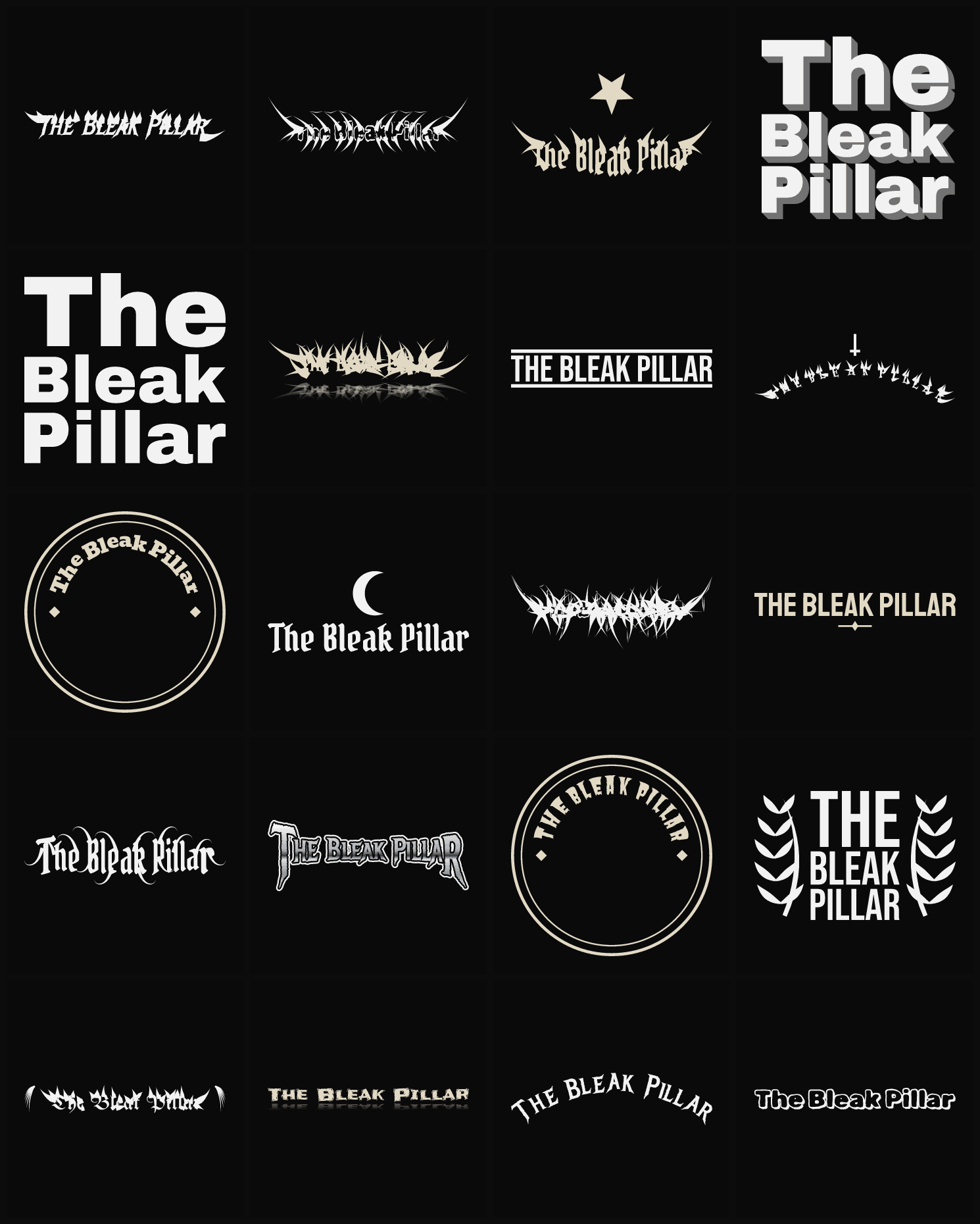 Twenty The Bleak Pillar band logo ideas — different faces, treatments and spike settings