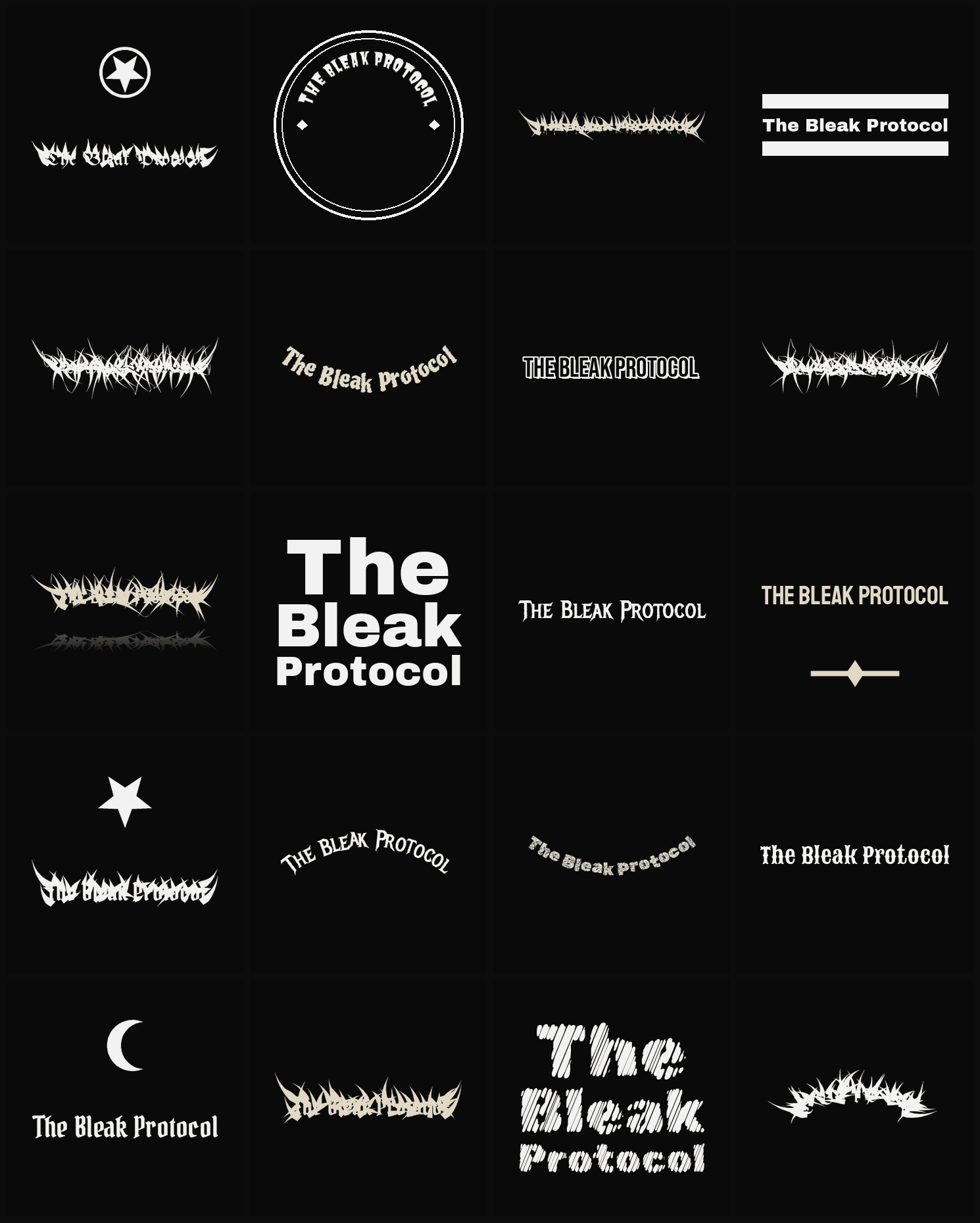 Twenty The Bleak Protocol band logo ideas — different faces, treatments and spike settings