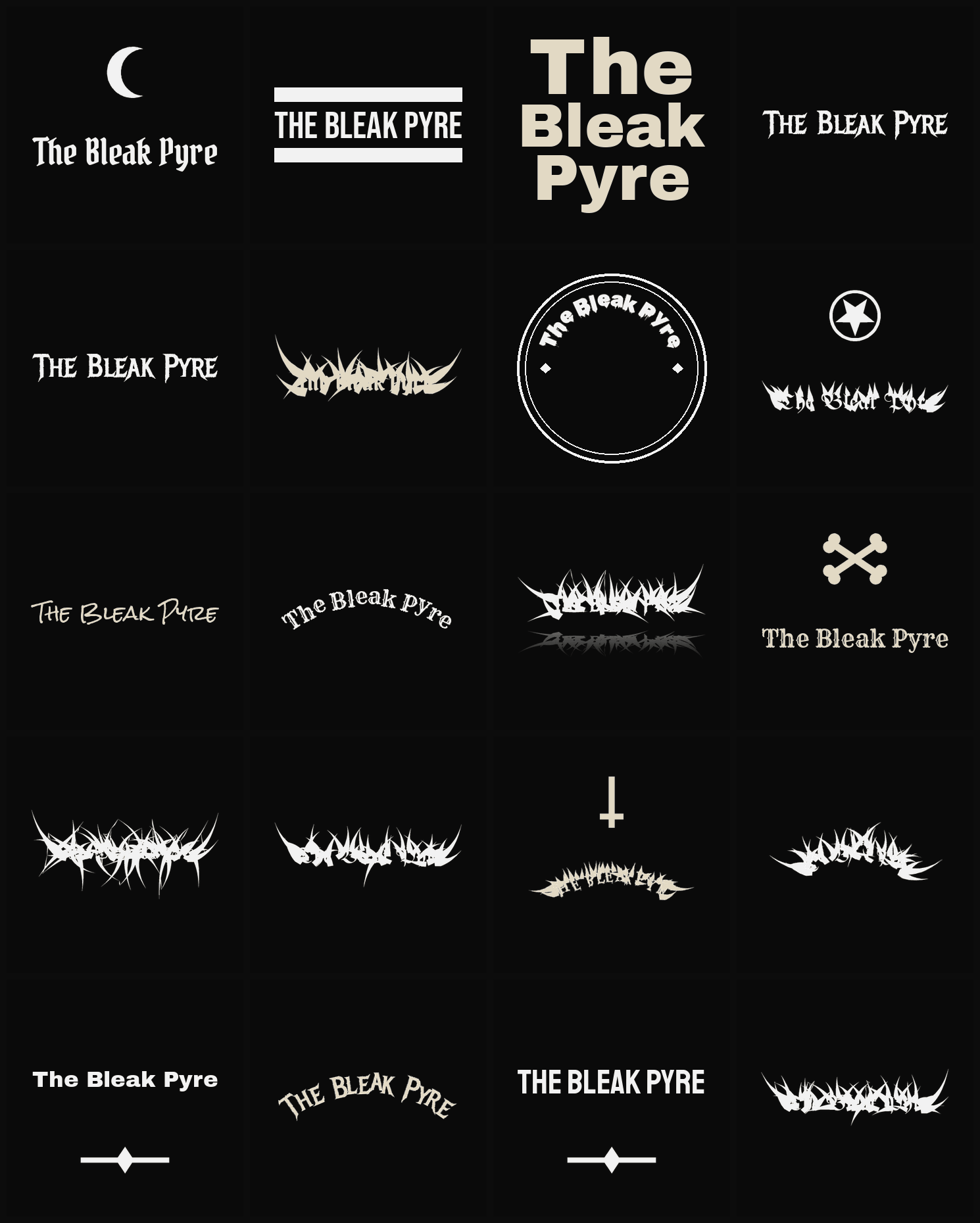 Twenty The Bleak Pyre band logo ideas — different faces, treatments and spike settings