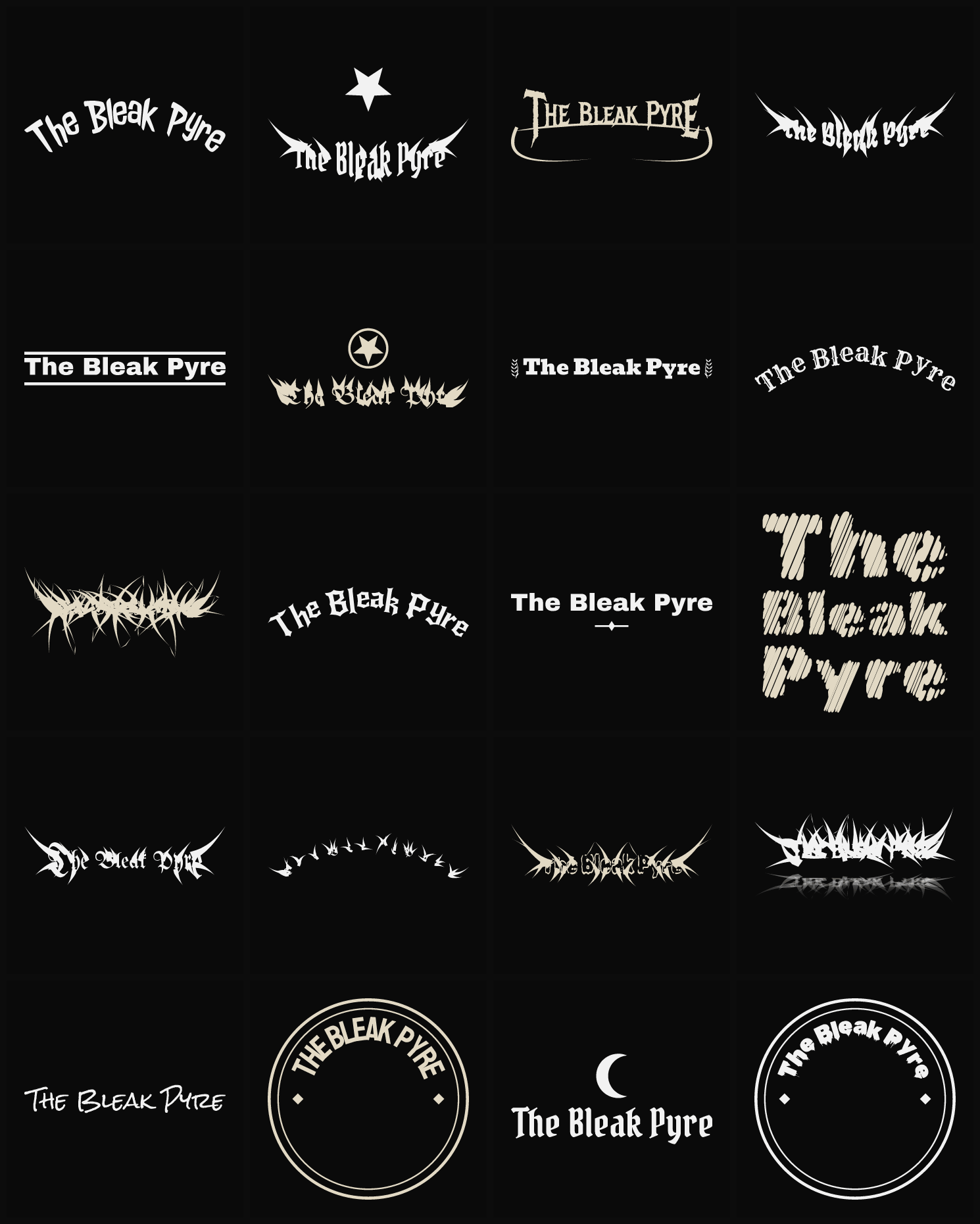 Twenty The Bleak Pyre band logo ideas — different faces, treatments and spike settings