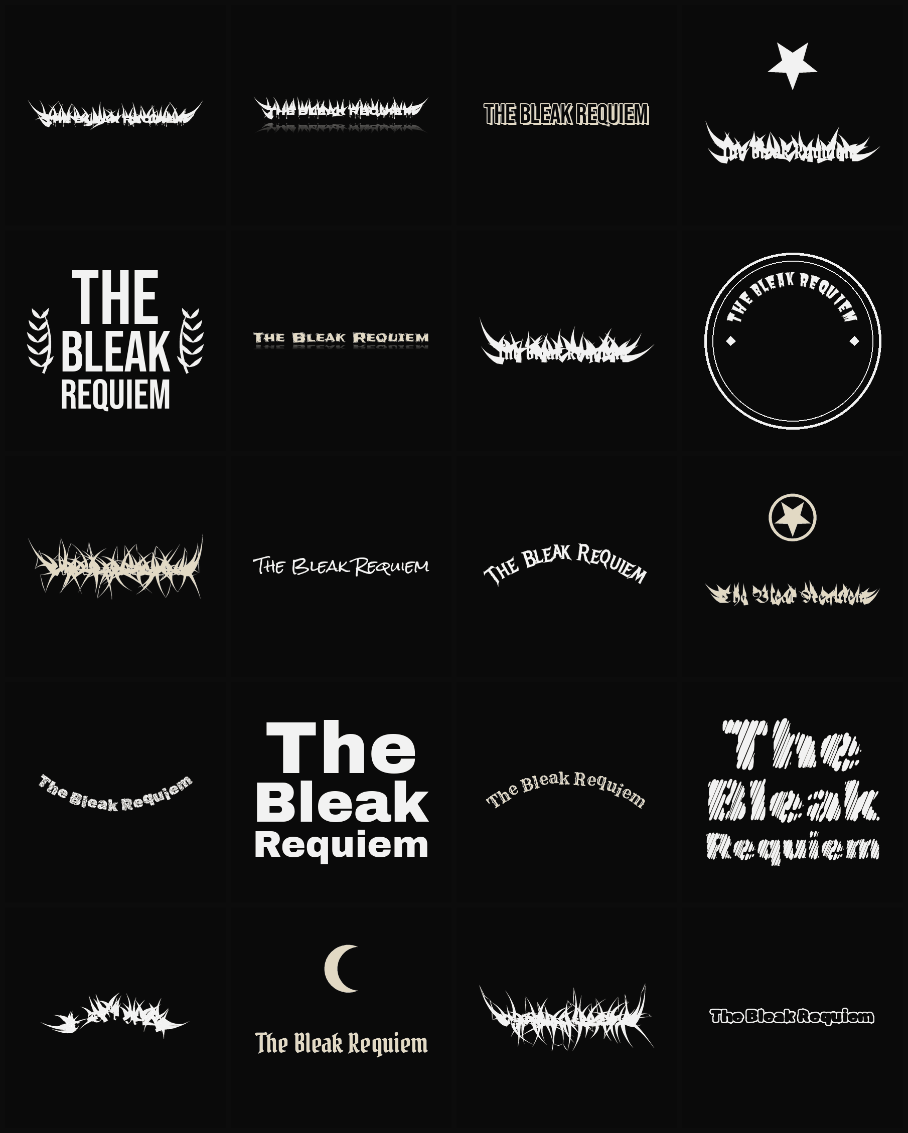 Twenty The Bleak Requiem band logo ideas — different faces, treatments and spike settings