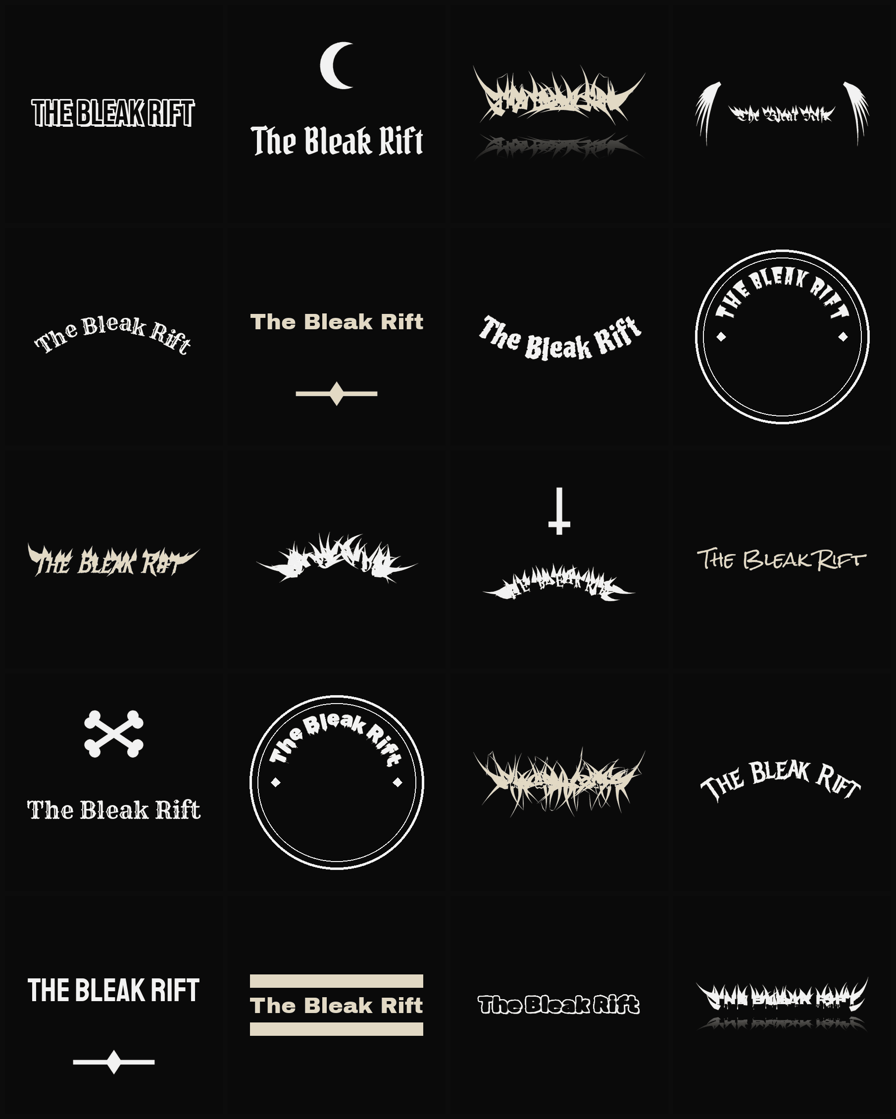 Twenty The Bleak Rift band logo ideas — different faces, treatments and spike settings