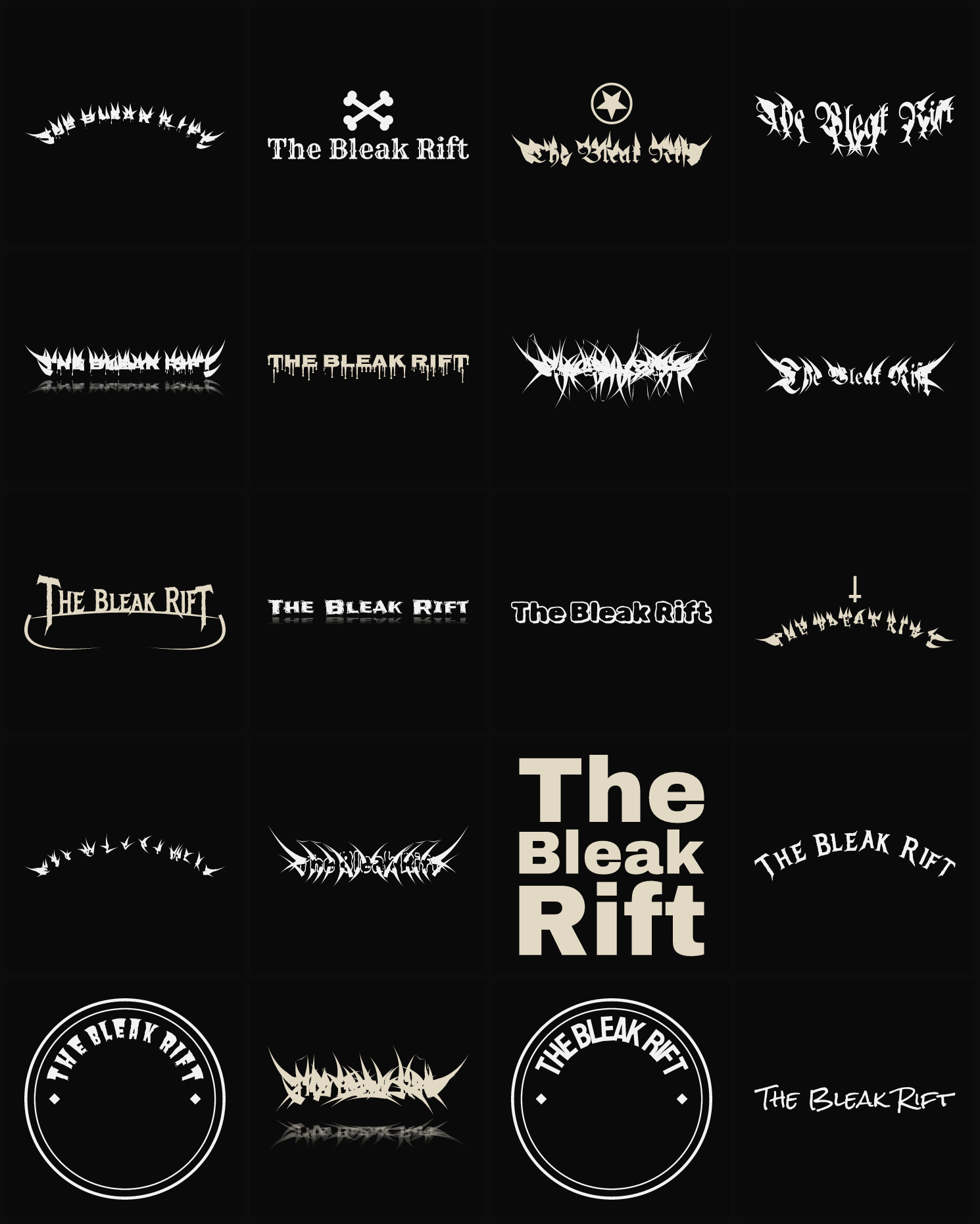 Twenty The Bleak Rift band logo ideas — different faces, treatments and spike settings