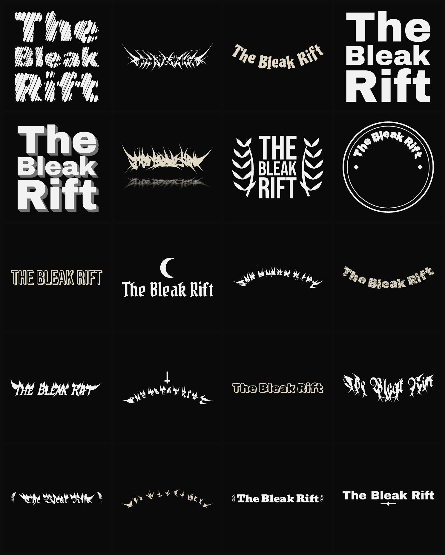 Twenty The Bleak Rift band logo ideas — different faces, treatments and spike settings