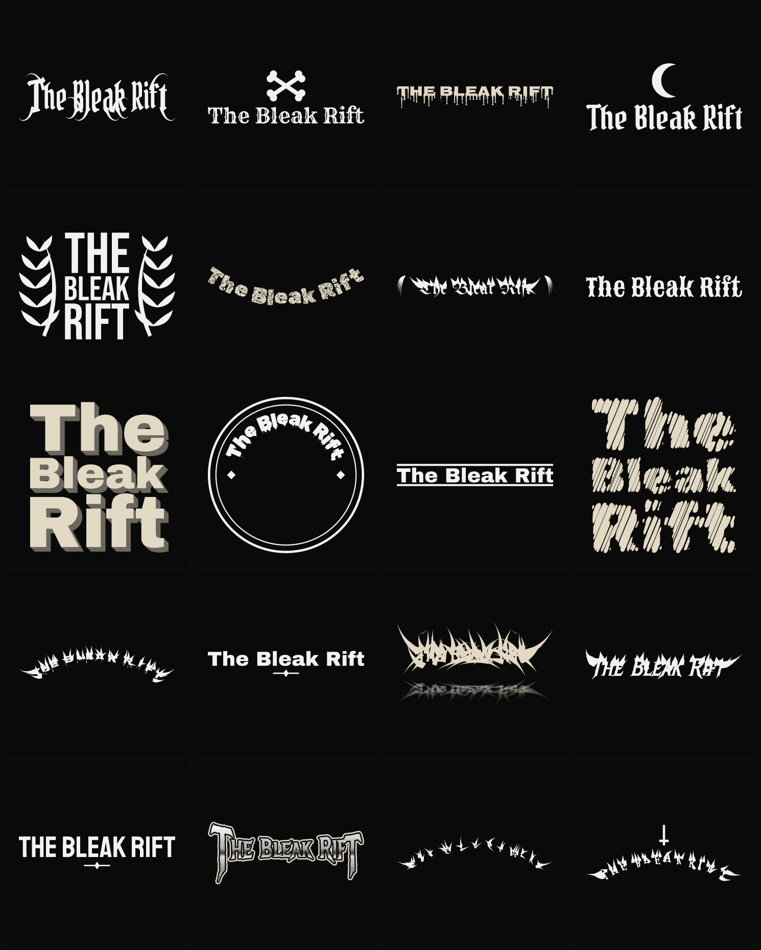 Twenty The Bleak Rift band logo ideas — different faces, treatments and spike settings