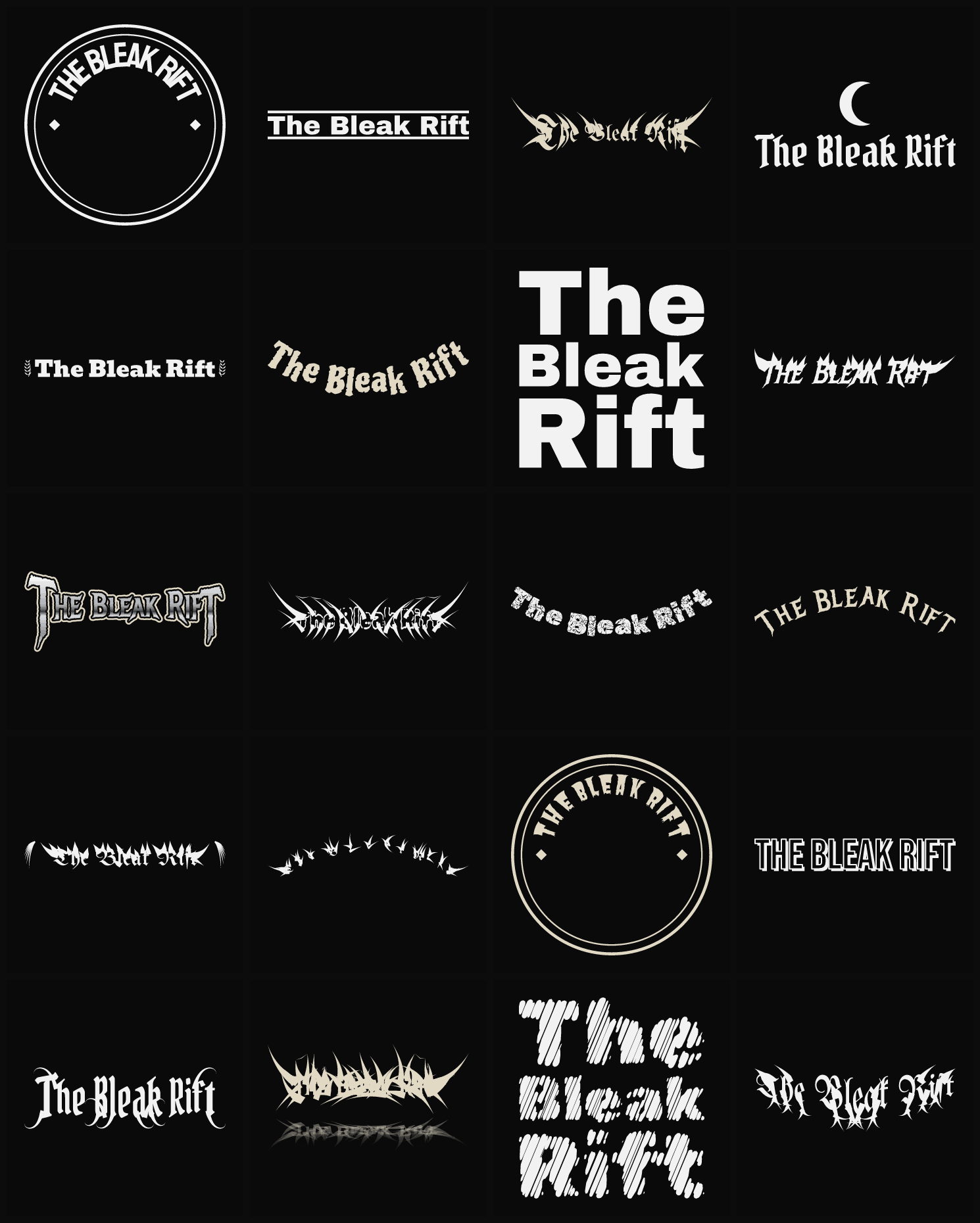 Twenty The Bleak Rift band logo ideas — different faces, treatments and spike settings