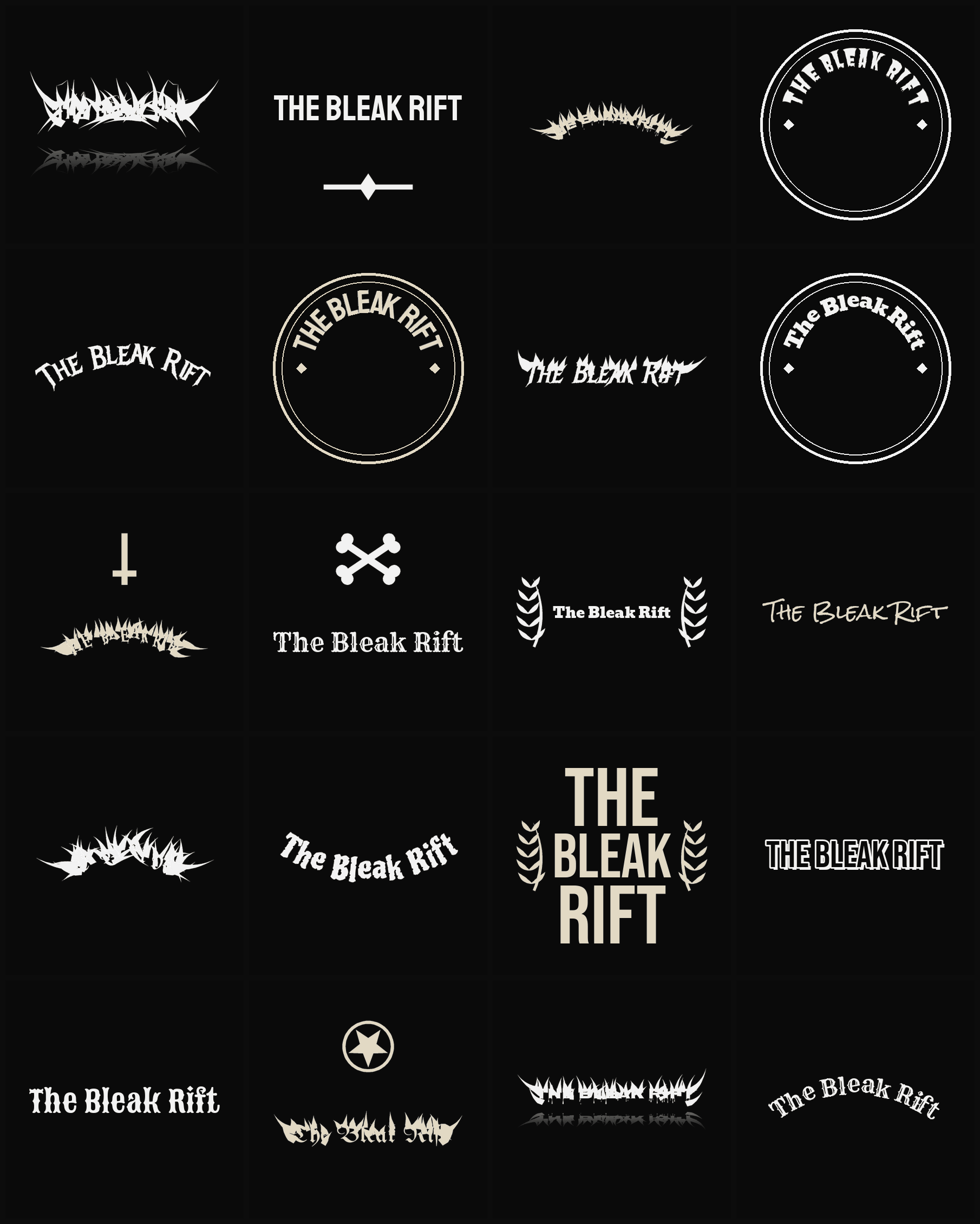 Twenty The Bleak Rift band logo ideas — different faces, treatments and spike settings