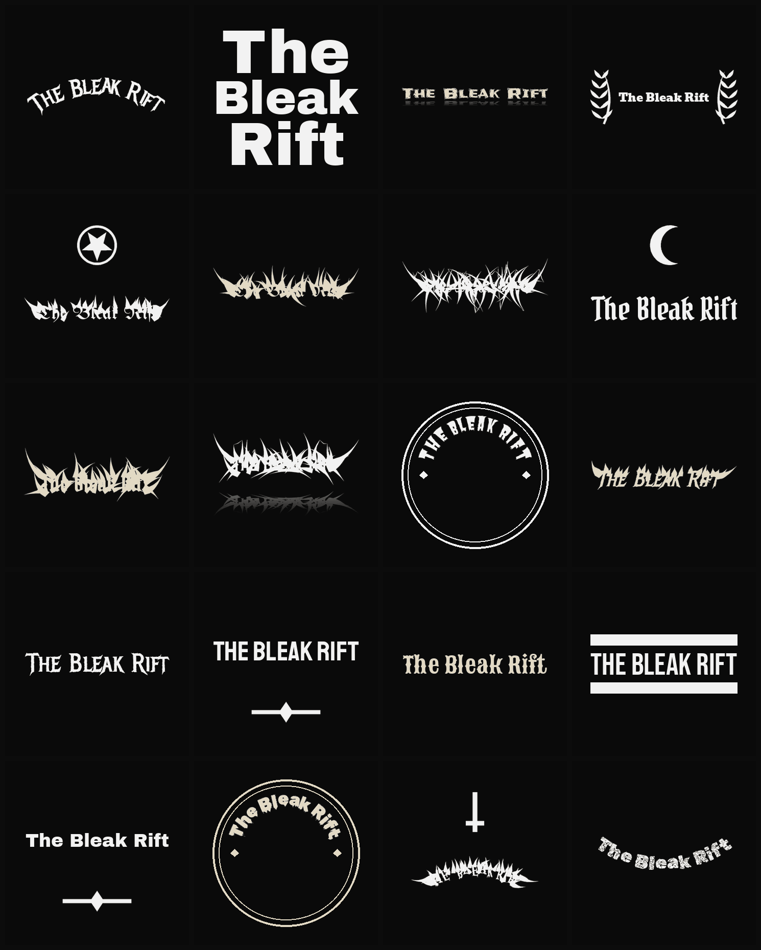Twenty The Bleak Rift band logo ideas — different faces, treatments and spike settings