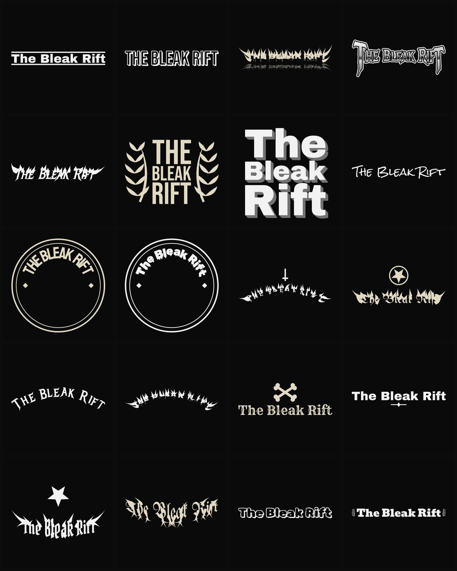 Twenty The Bleak Rift band logo ideas — different faces, treatments and spike settings