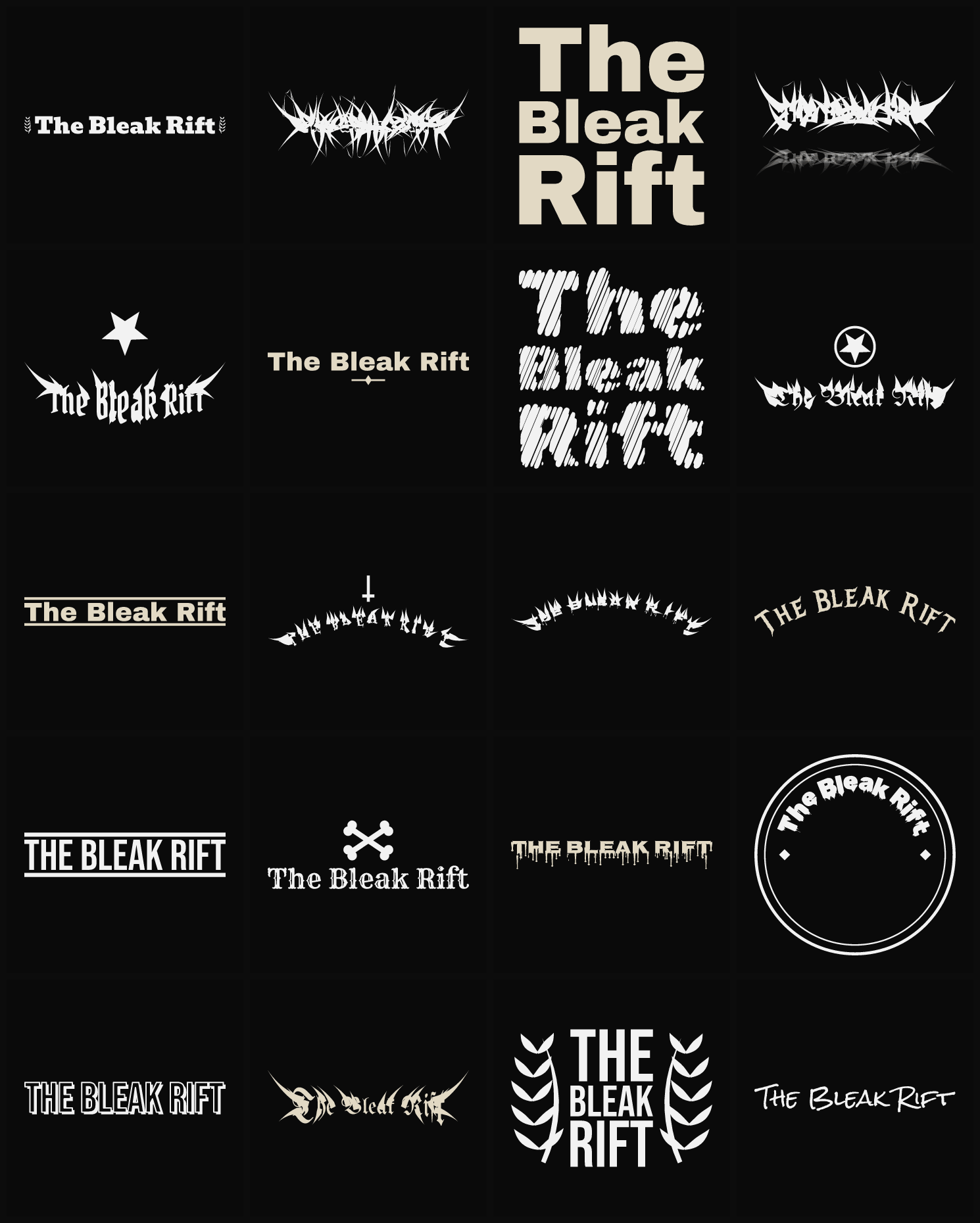 Twenty The Bleak Rift band logo ideas — different faces, treatments and spike settings