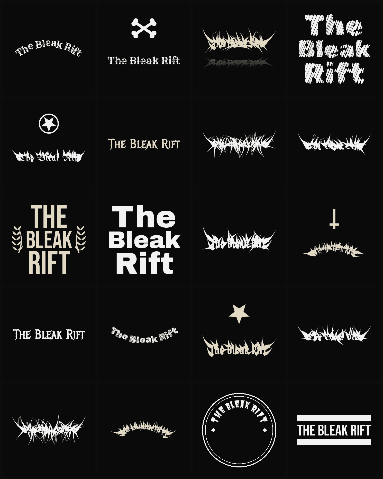 Twenty The Bleak Rift band logo ideas — different faces, treatments and spike settings