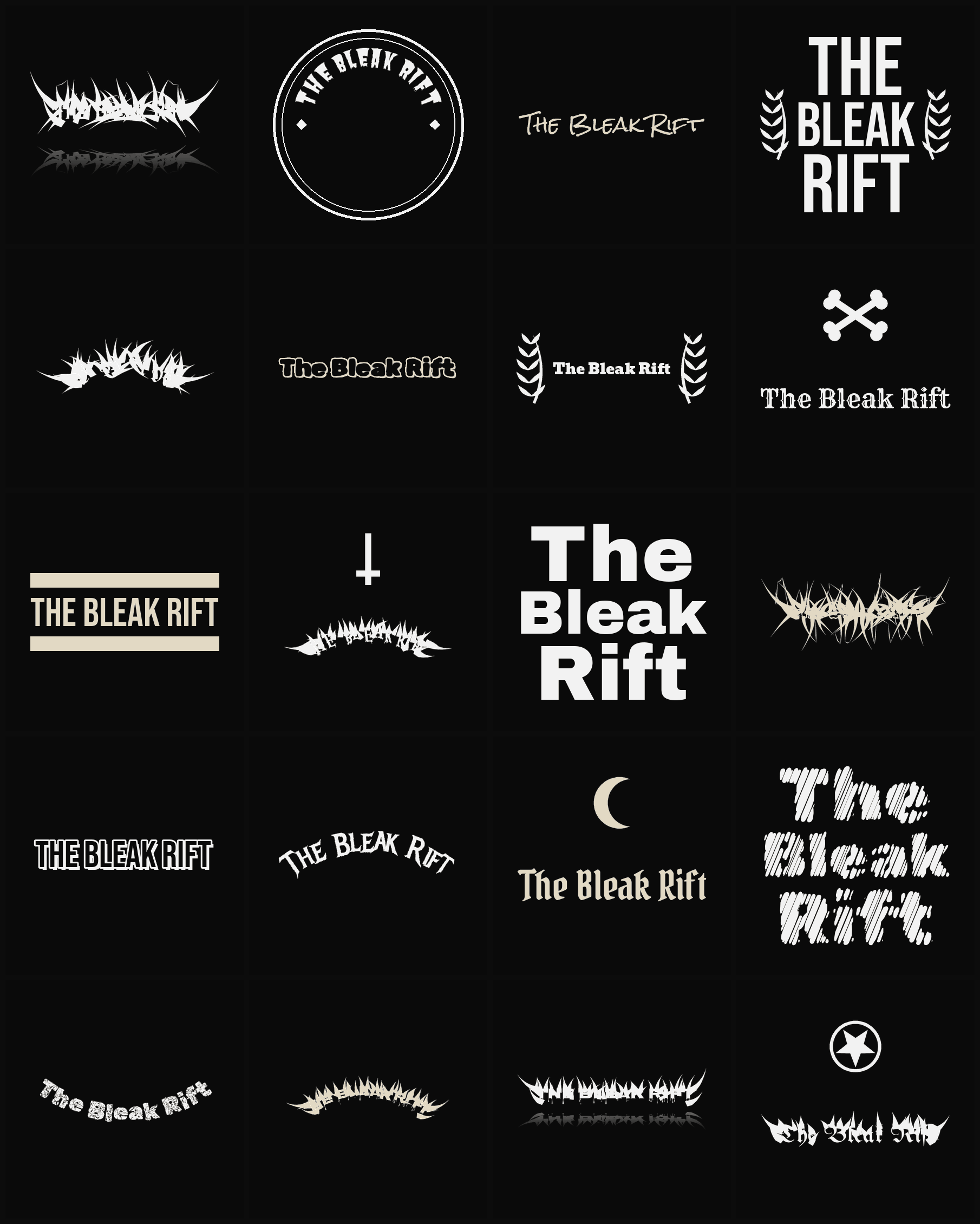 Twenty The Bleak Rift band logo ideas — different faces, treatments and spike settings