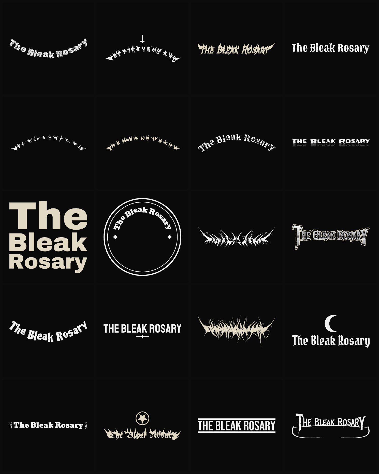 Twenty The Bleak Rosary band logo ideas — different faces, treatments and spike settings