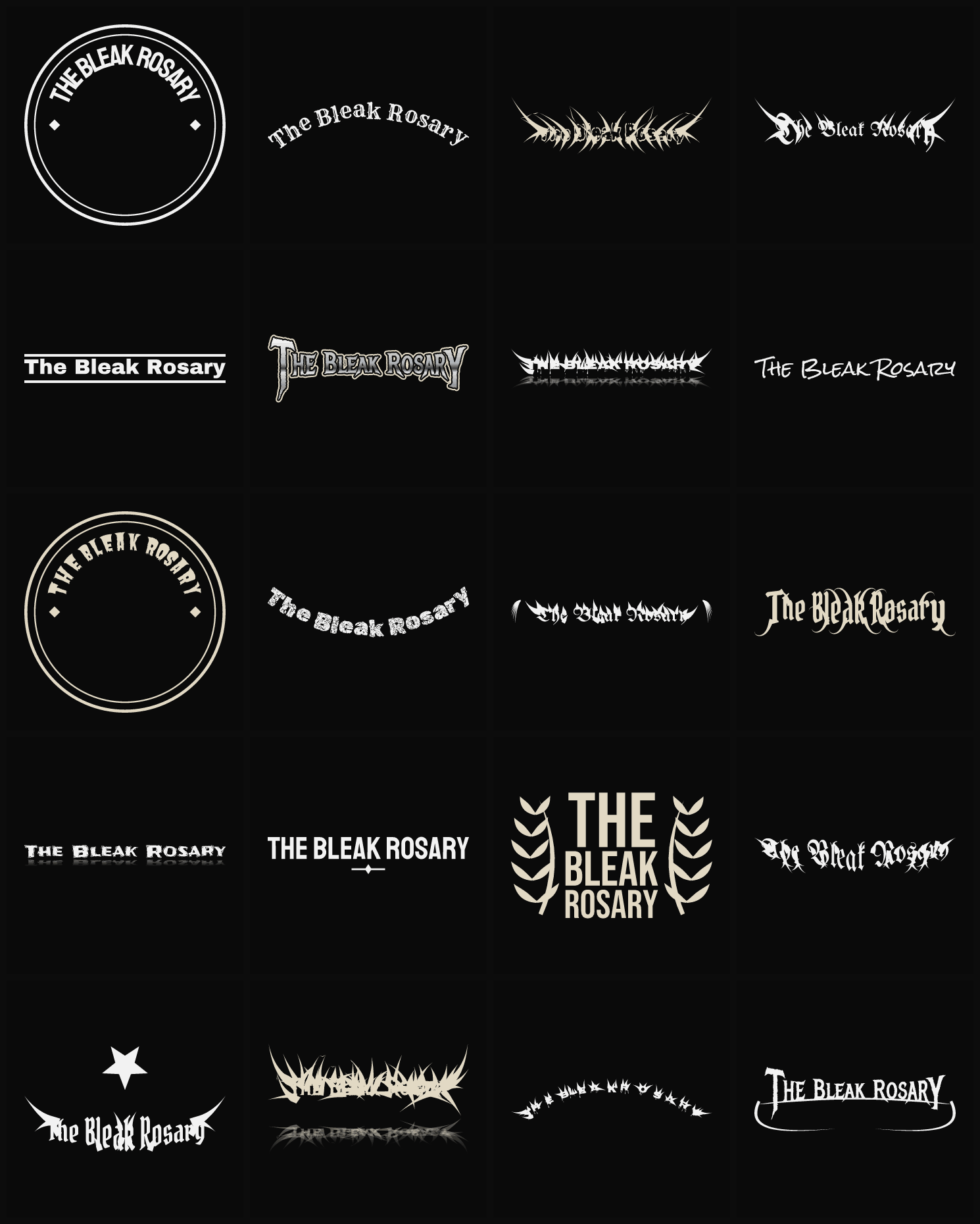 Twenty The Bleak Rosary band logo ideas — different faces, treatments and spike settings