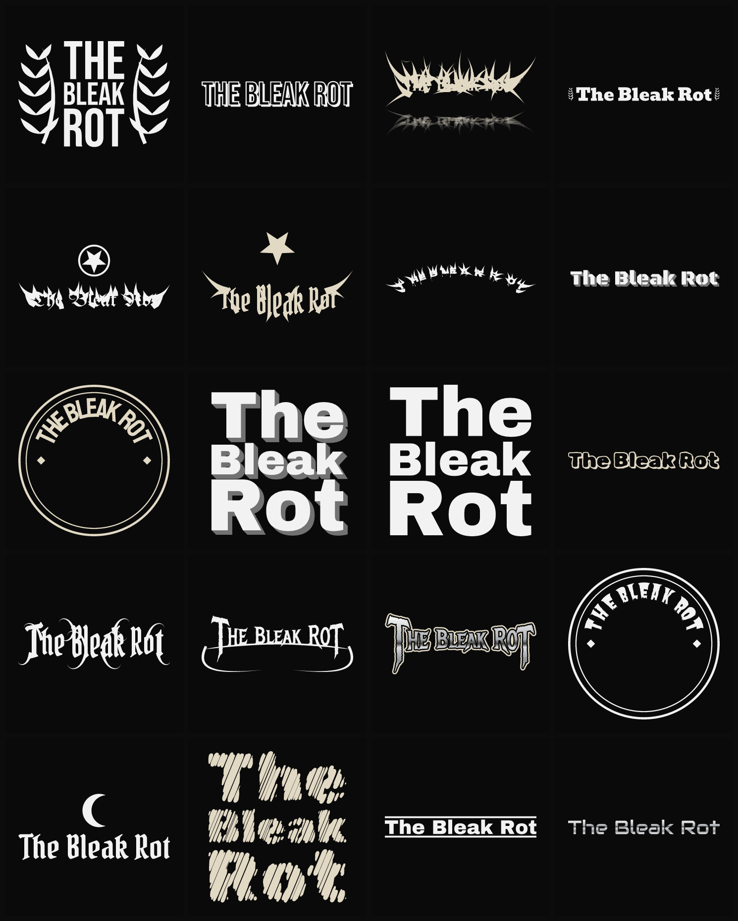 Twenty The Bleak Rot band logo ideas — different faces, treatments and spike settings