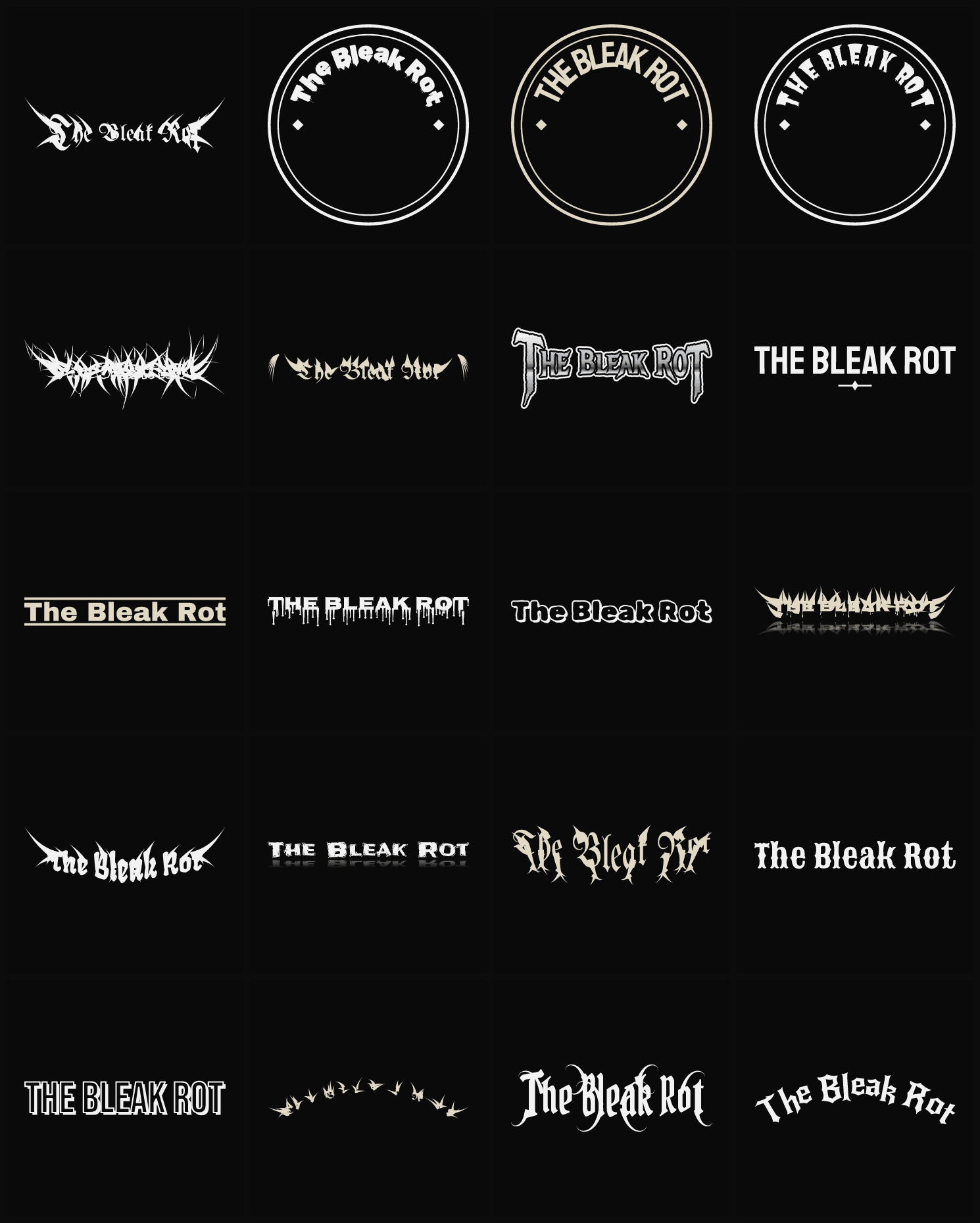 Twenty The Bleak Rot band logo ideas — different faces, treatments and spike settings