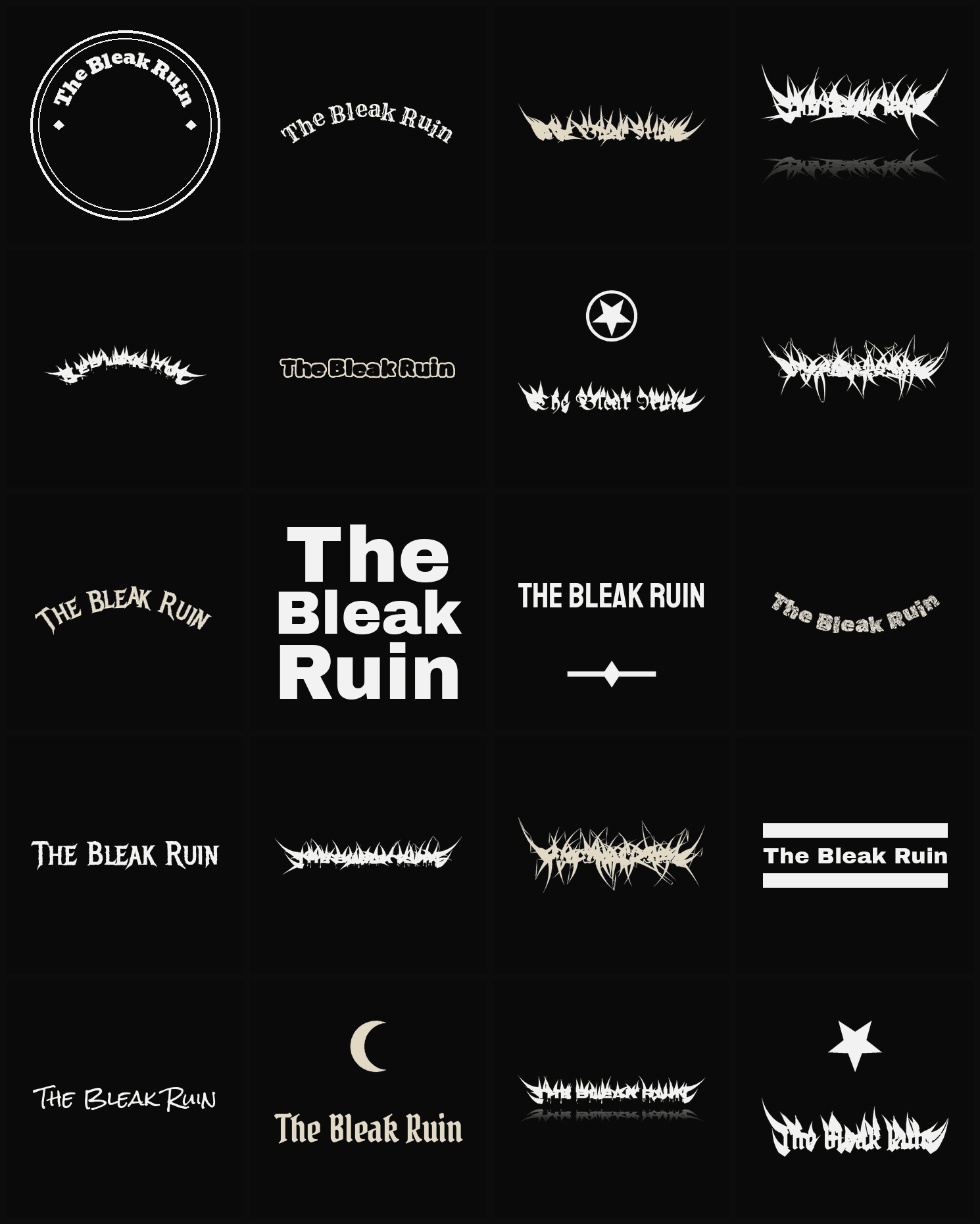 Twenty The Bleak Ruin band logo ideas — different faces, treatments and spike settings