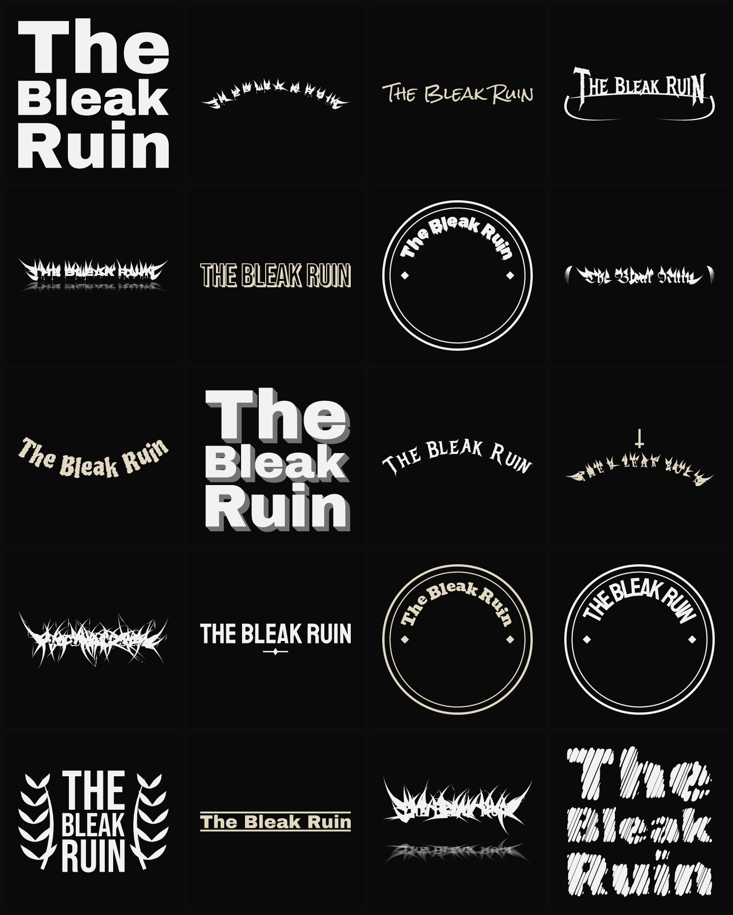 Twenty The Bleak Ruin band logo ideas — different faces, treatments and spike settings