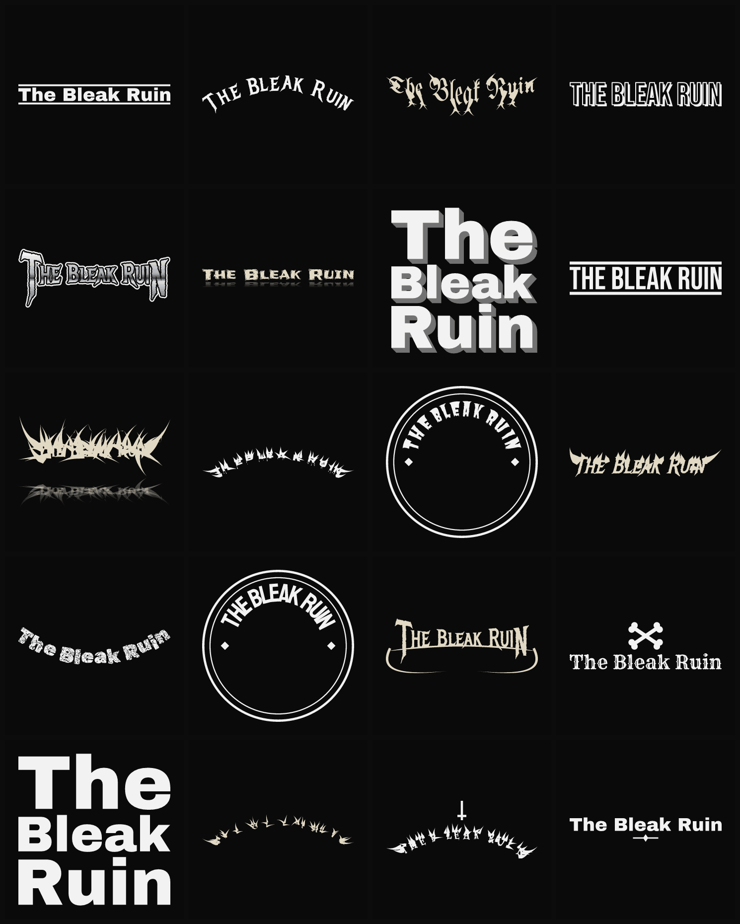 Twenty The Bleak Ruin band logo ideas — different faces, treatments and spike settings
