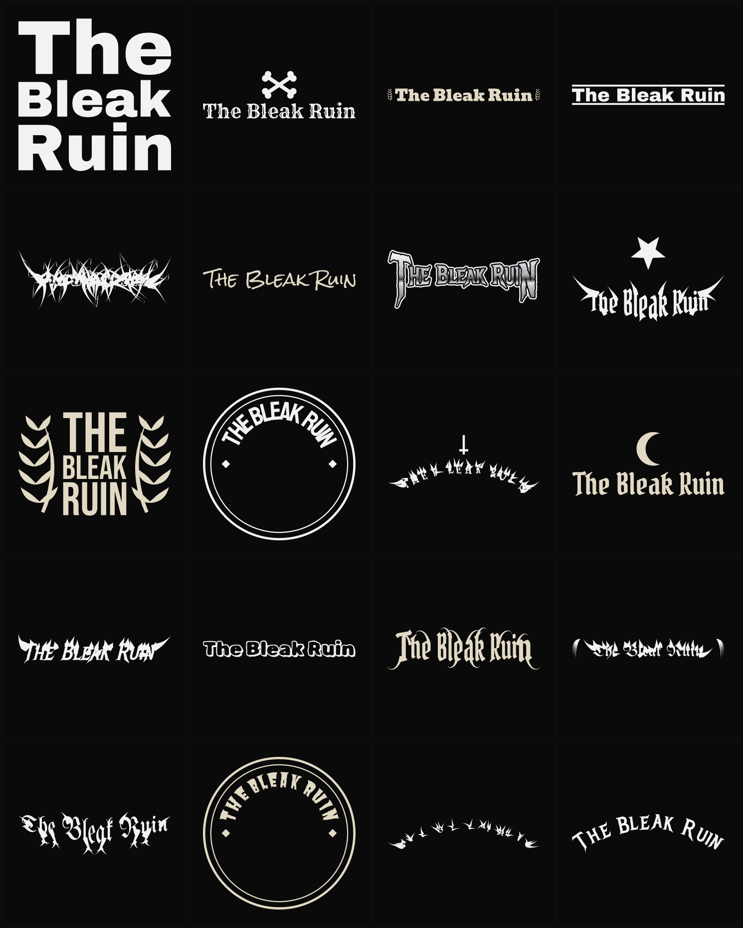 Twenty The Bleak Ruin band logo ideas — different faces, treatments and spike settings