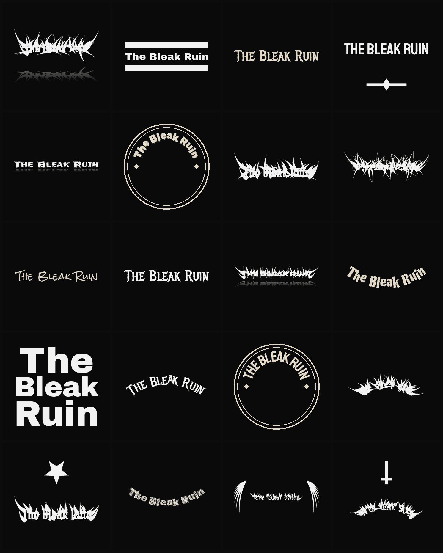 Twenty The Bleak Ruin band logo ideas — different faces, treatments and spike settings