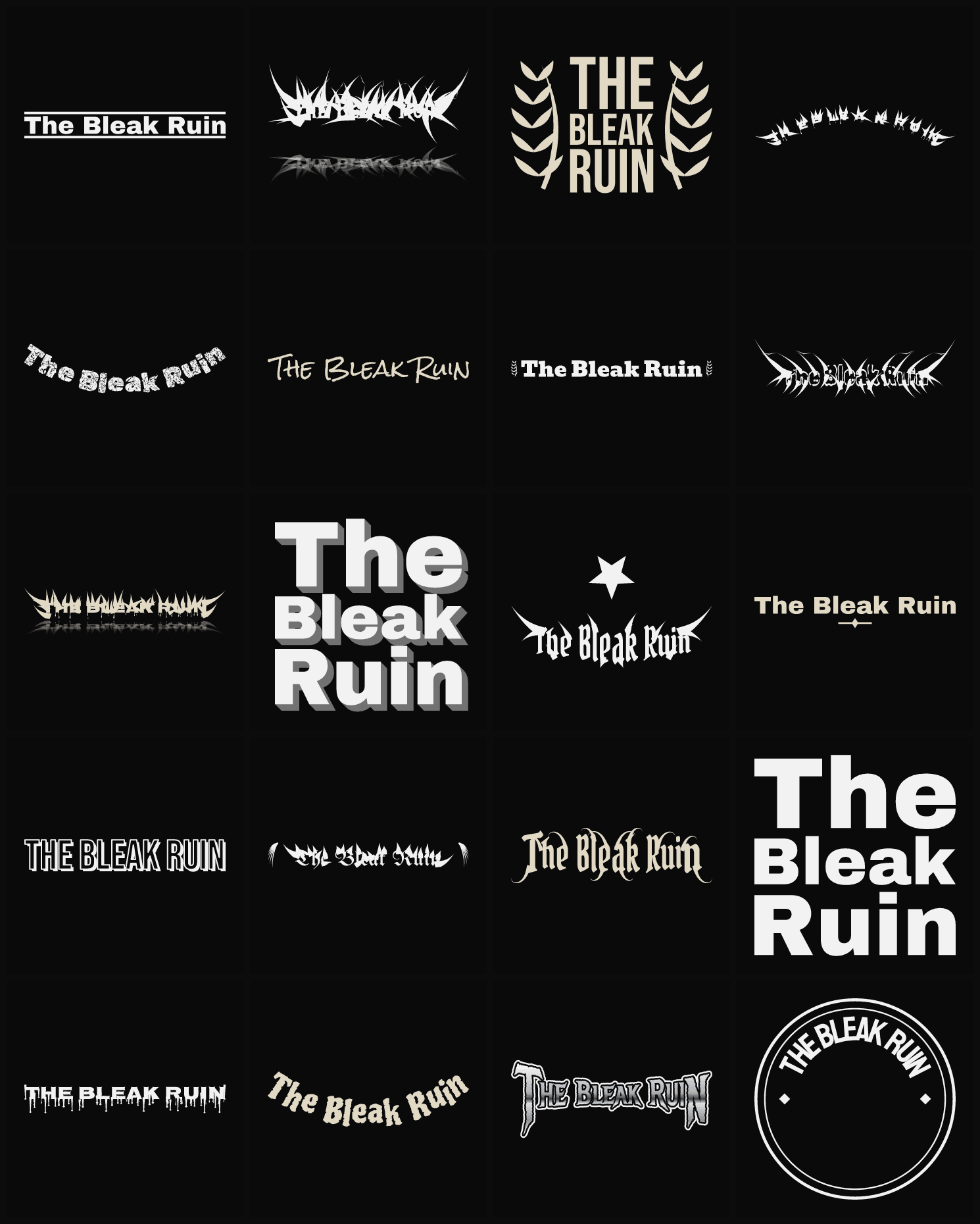 Twenty The Bleak Ruin band logo ideas — different faces, treatments and spike settings