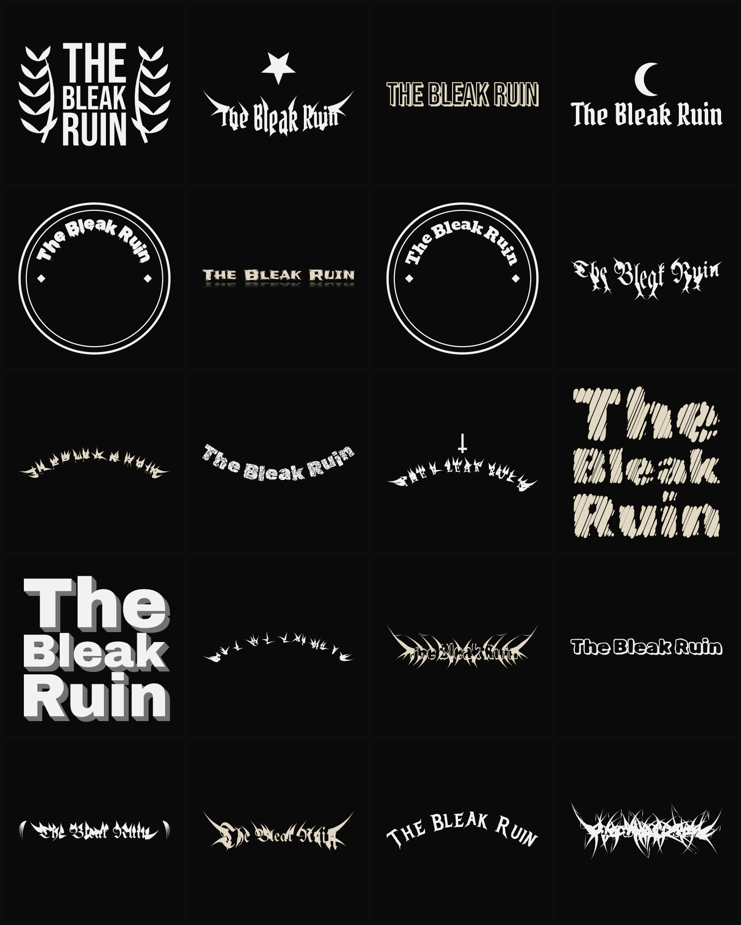 Twenty The Bleak Ruin band logo ideas — different faces, treatments and spike settings