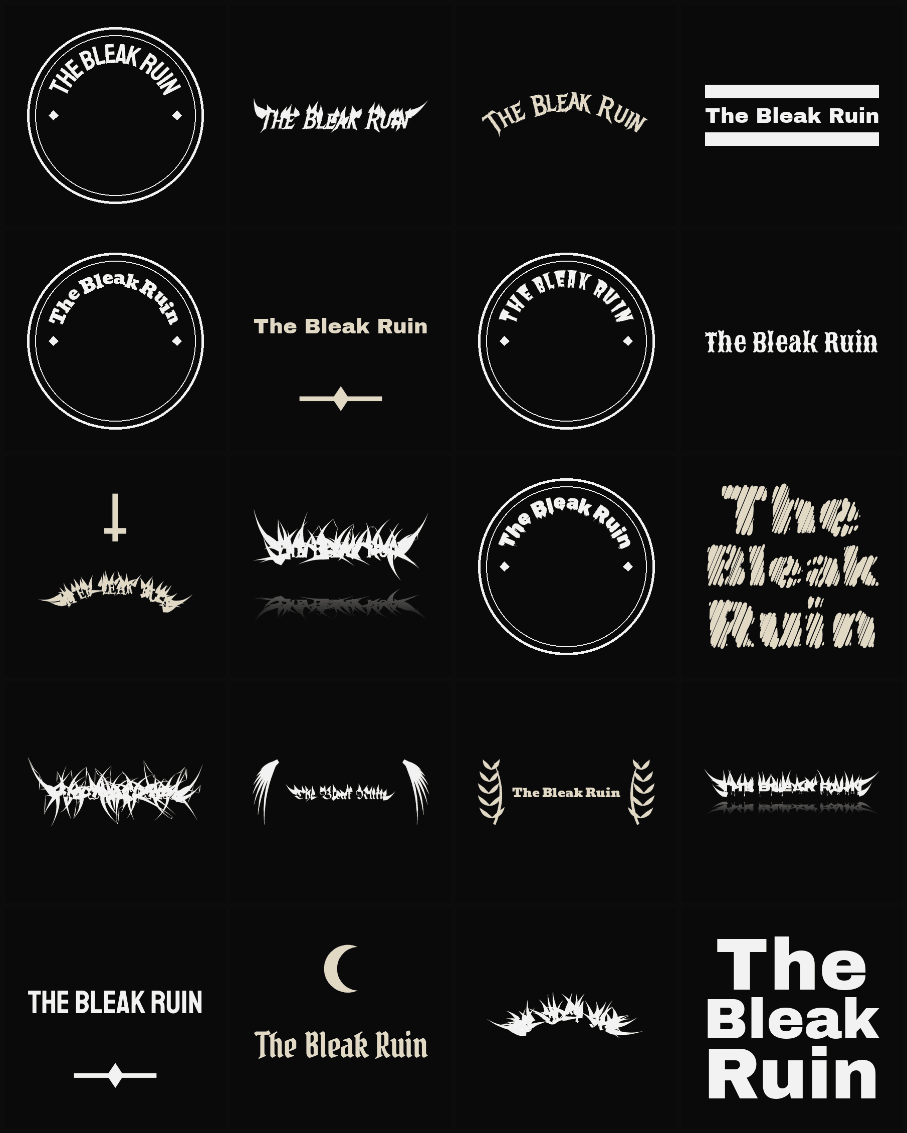 Twenty The Bleak Ruin band logo ideas — different faces, treatments and spike settings