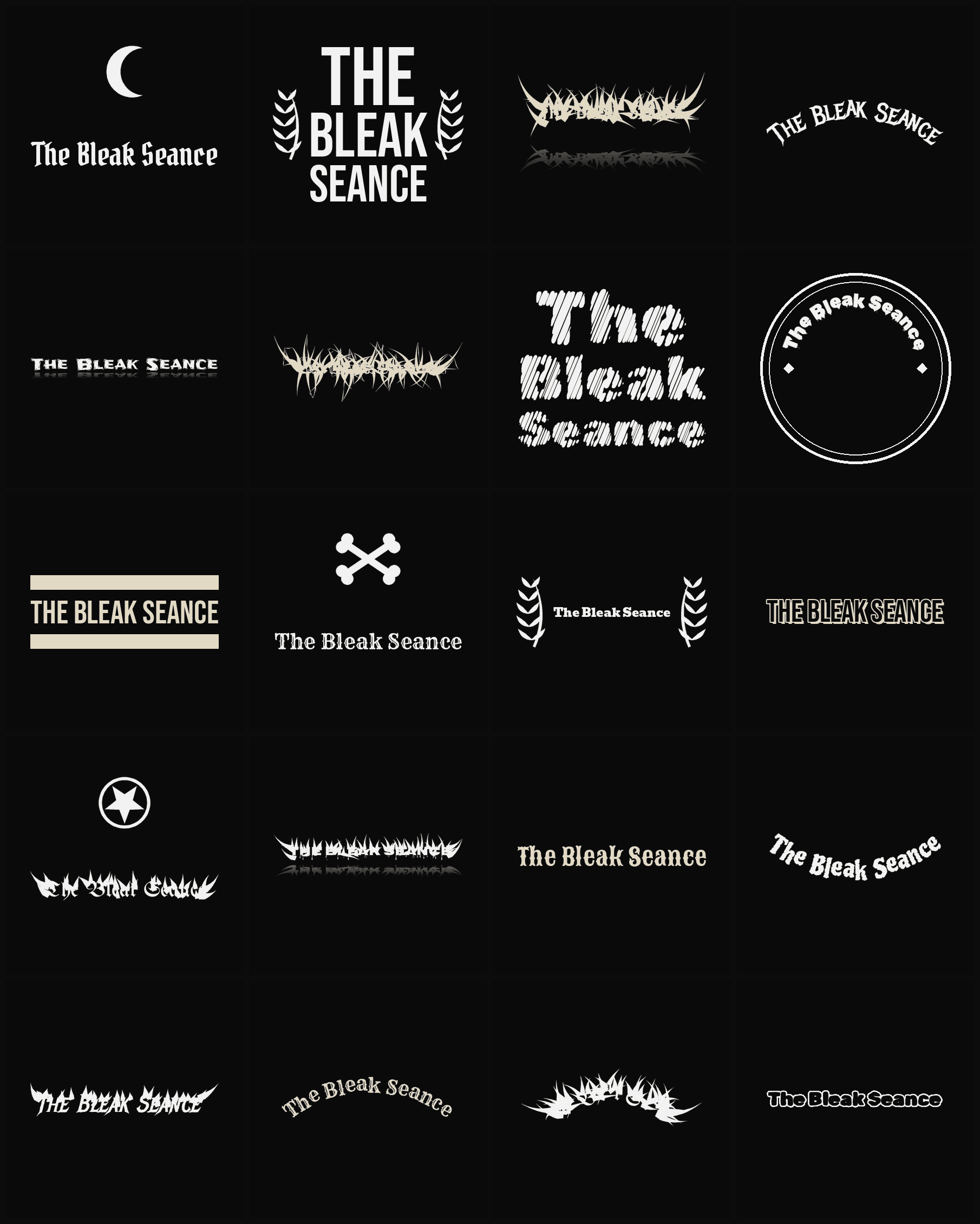 Twenty The Bleak Seance band logo ideas — different faces, treatments and spike settings