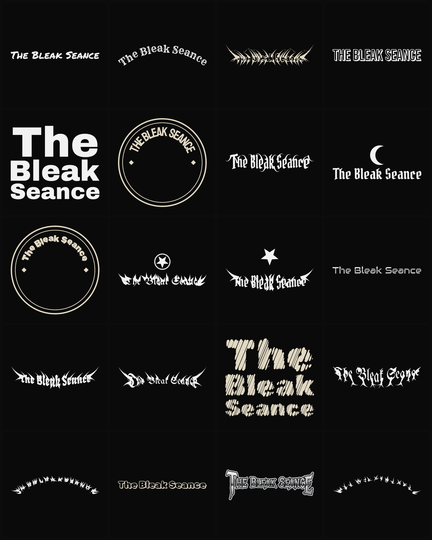 Twenty The Bleak Seance band logo ideas — different faces, treatments and spike settings